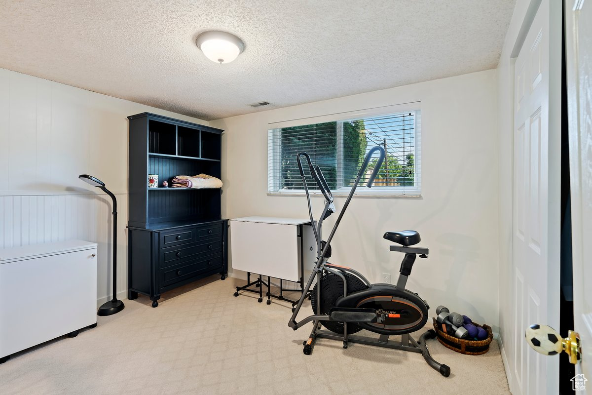 Workout room featuring light colored carpet and a textured ceiling