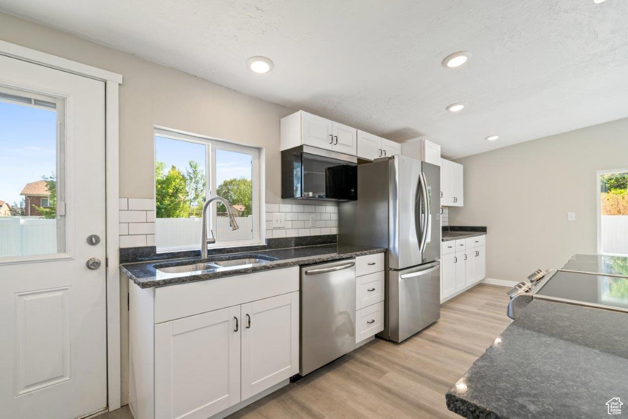 Kitchen featuring light wood-type flooring, a wealth of natural light, sink, and stainless steel appliances