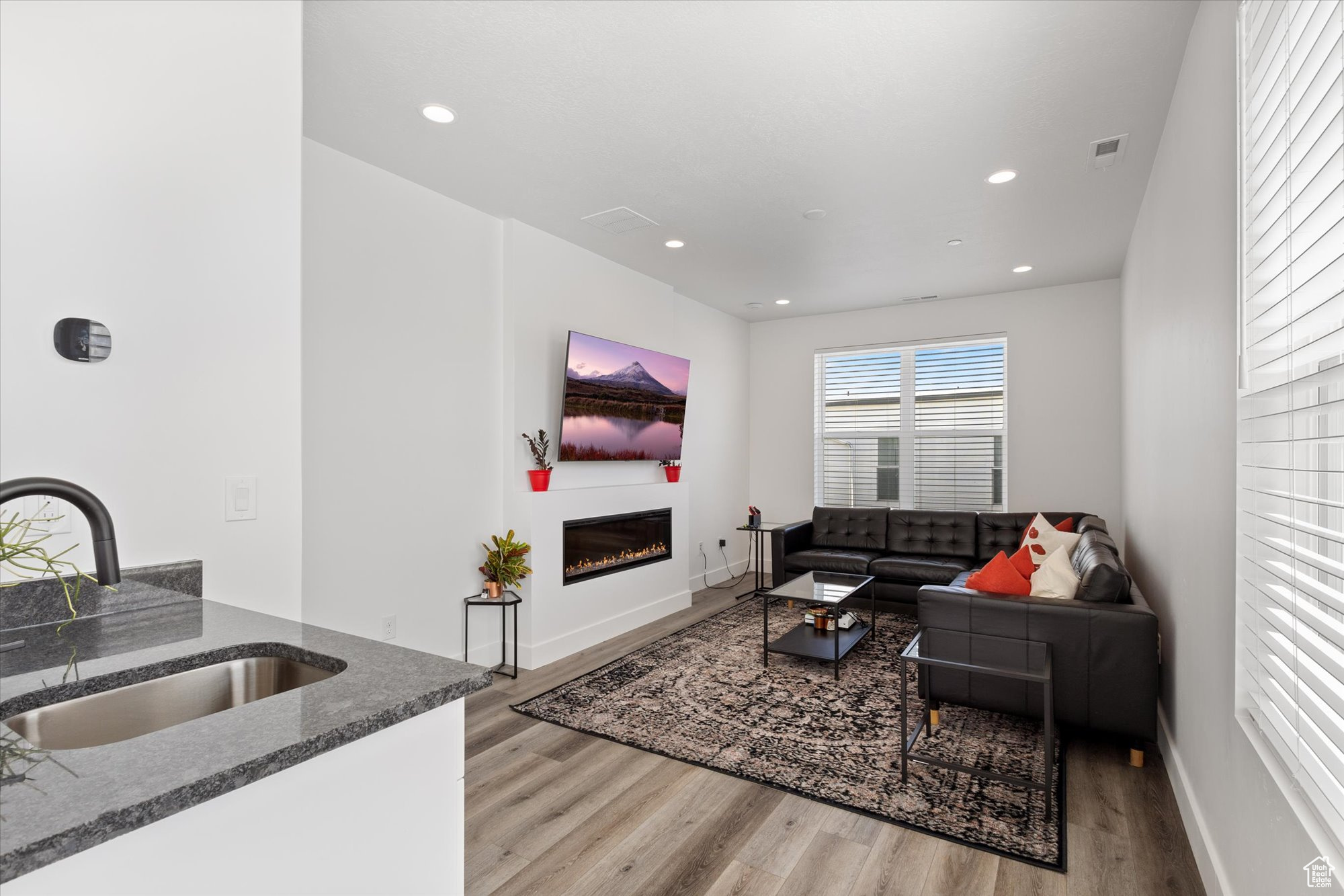 Living room featuring light hardwood / wood-style floors and sink