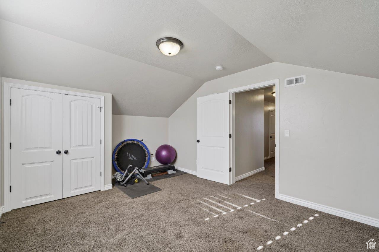 Additional living space with a textured ceiling, carpet flooring, and vaulted ceiling