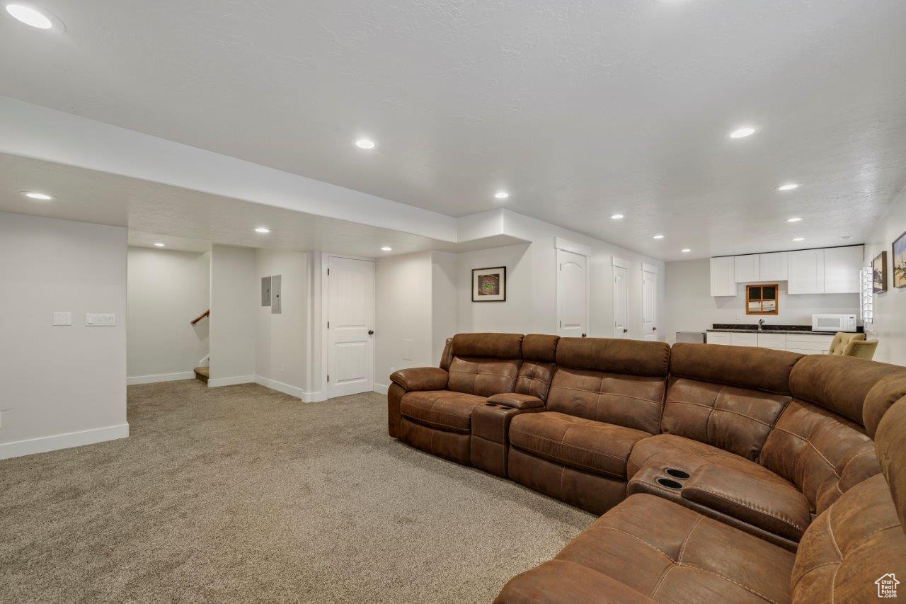 Living room with light carpet