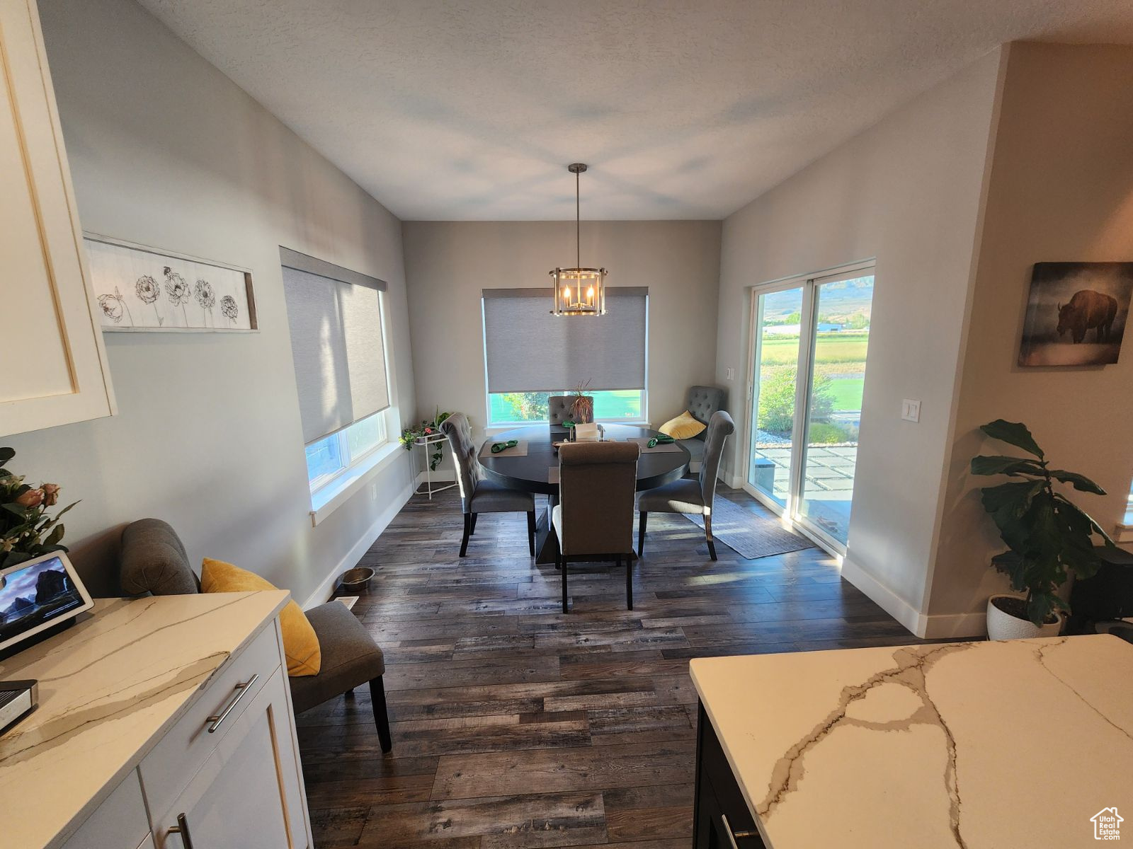 Dining space with dark wood-type flooring and a chandelier