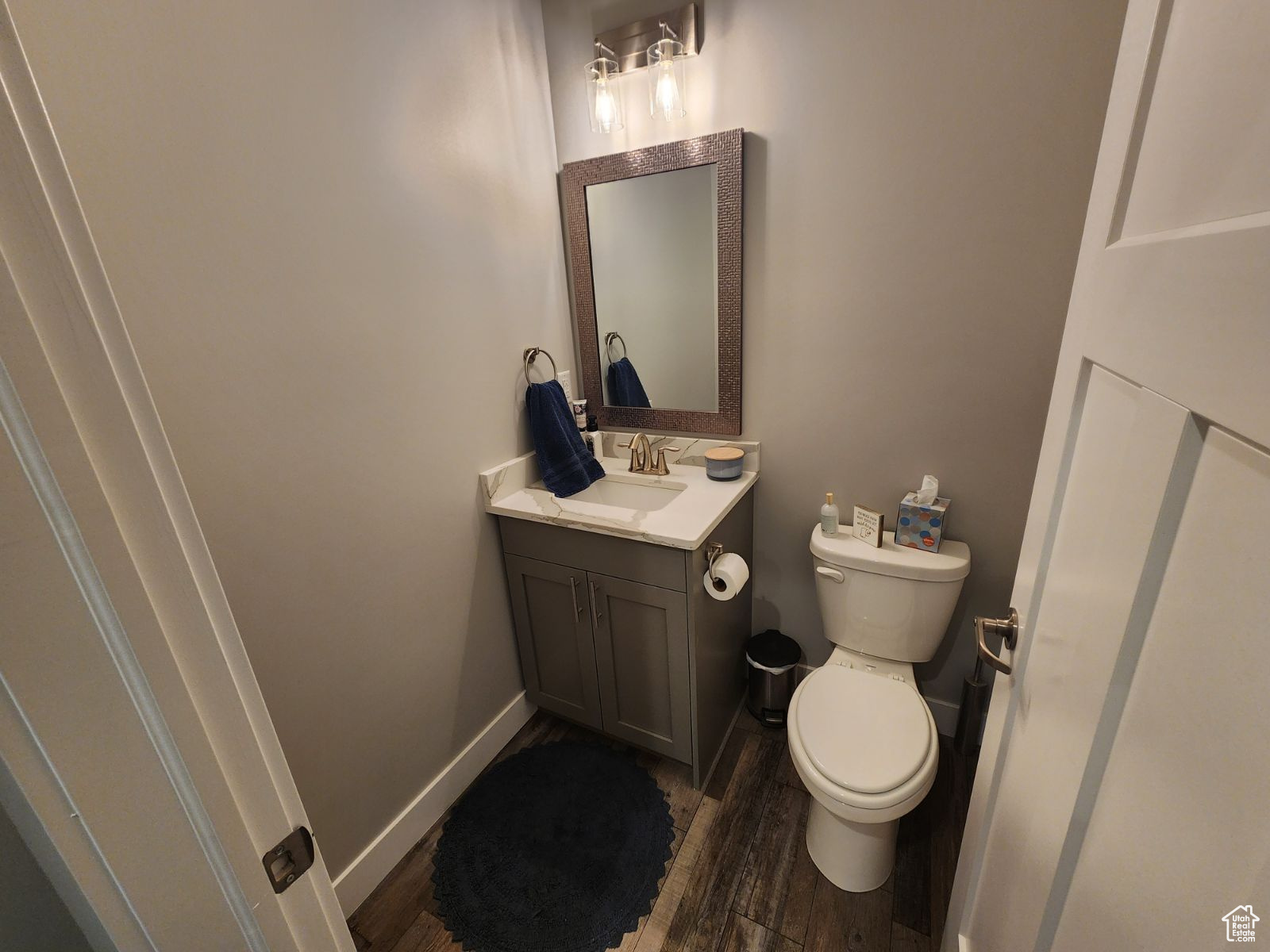 Bathroom with hardwood / wood-style flooring, toilet, and vanity