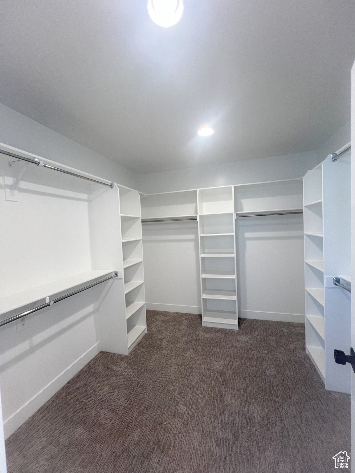 Spacious closet with dark colored carpet