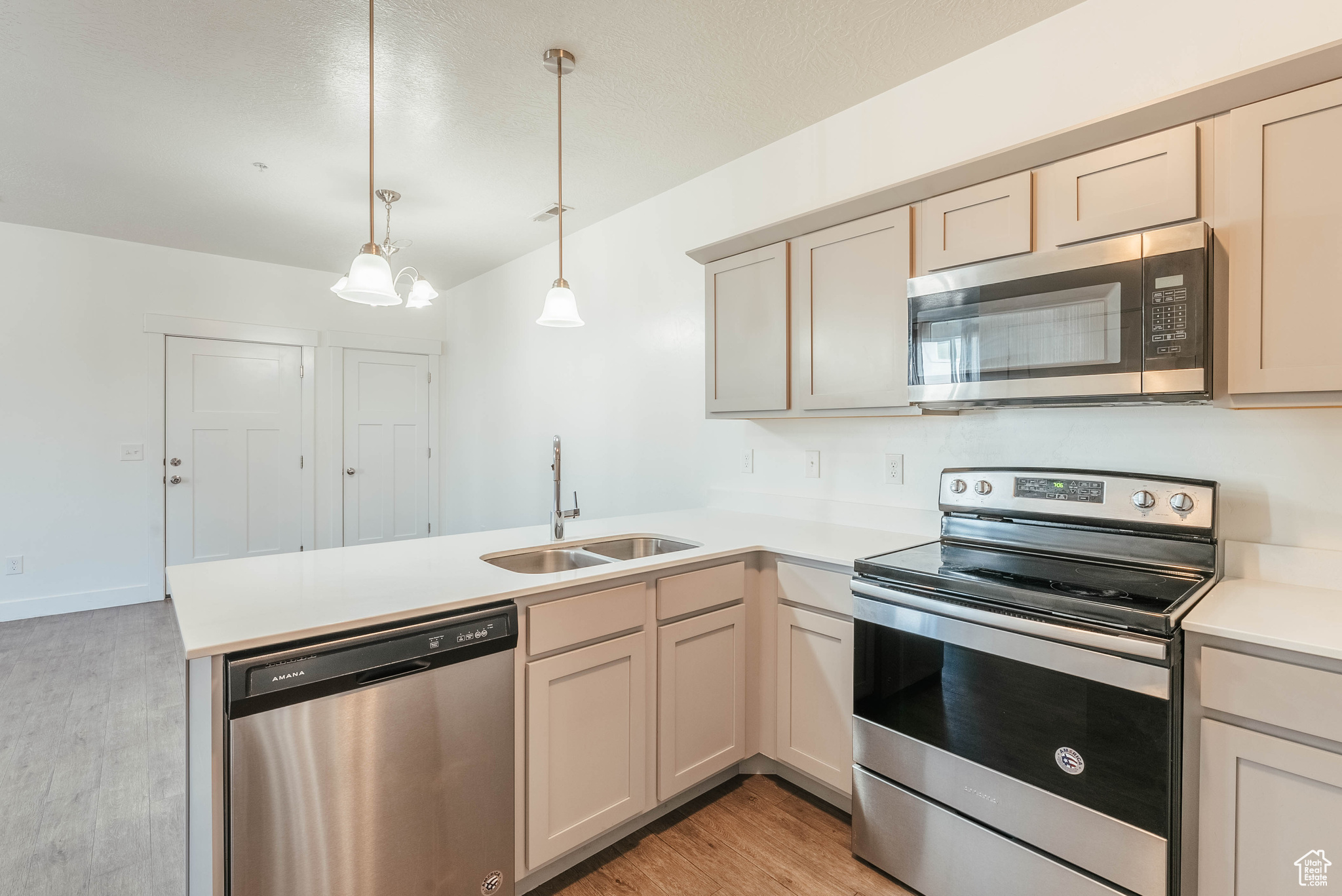 Kitchen with sink, appliances with stainless steel finishes, light hardwood / wood-style flooring, kitchen peninsula, and pendant lighting