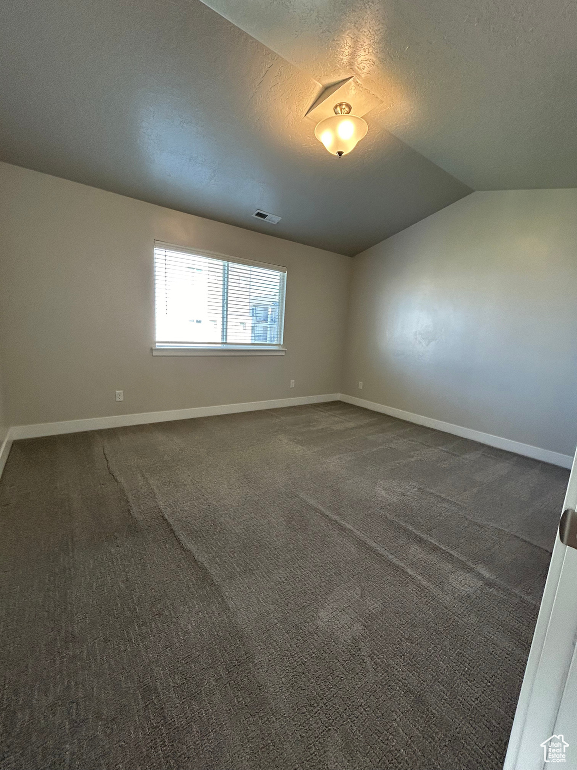 Large primary bedroom with vaulted ceiling.