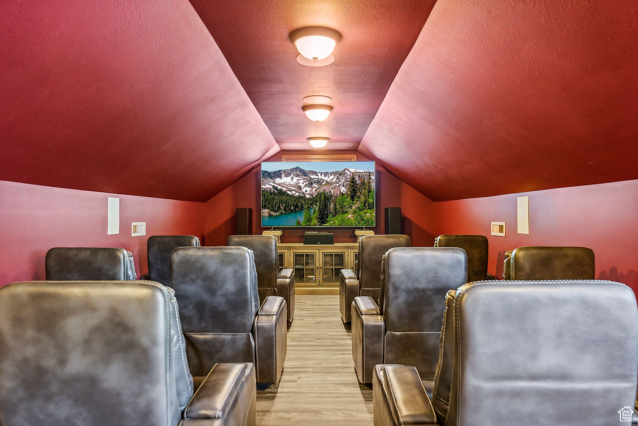 Cinema with vaulted ceiling and light hardwood / wood-style flooring