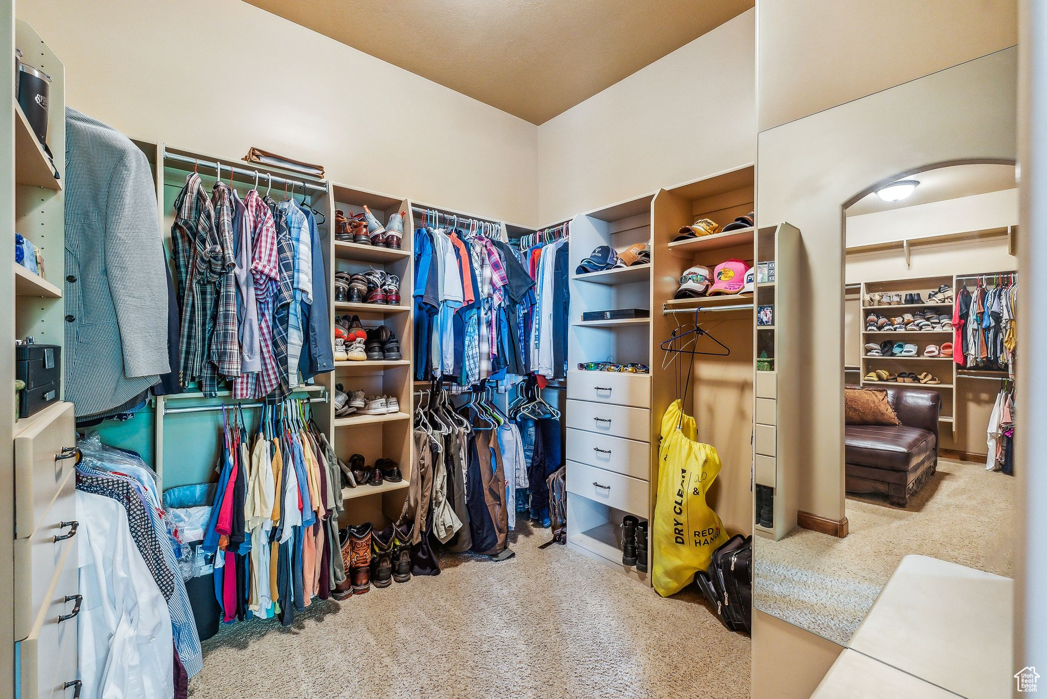 Spacious closet featuring light colored carpet