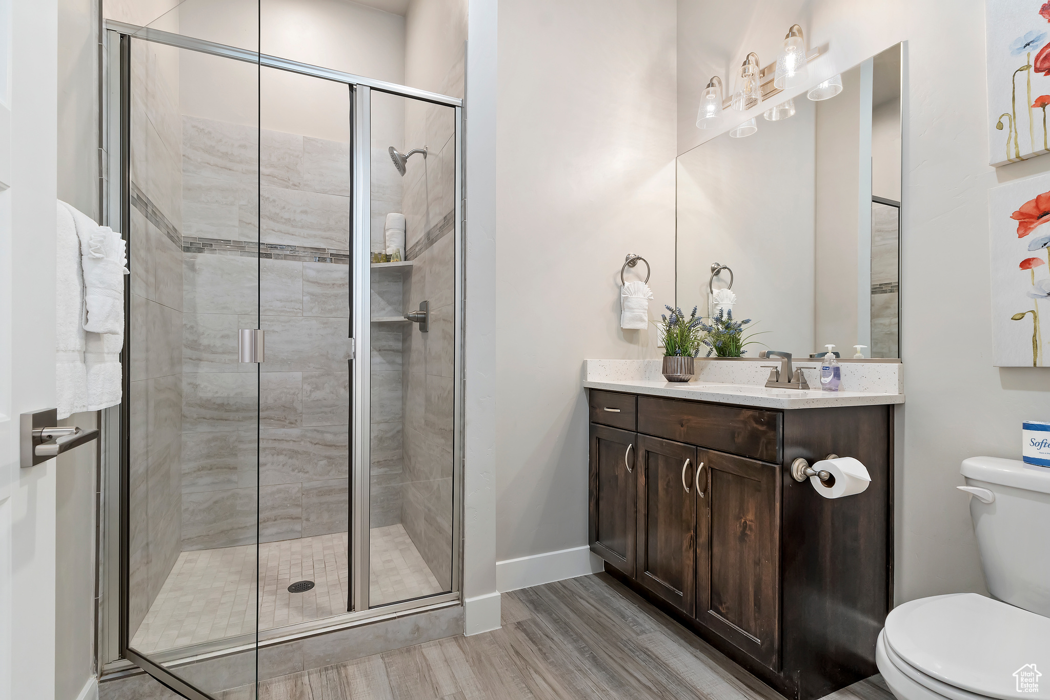 Bathroom featuring a shower with door, toilet, vanity, and wood-type flooring