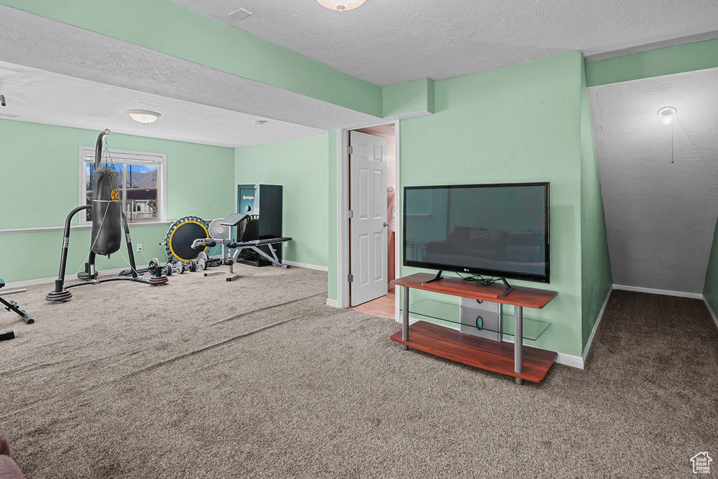 Interior space with a textured ceiling and carpet floors