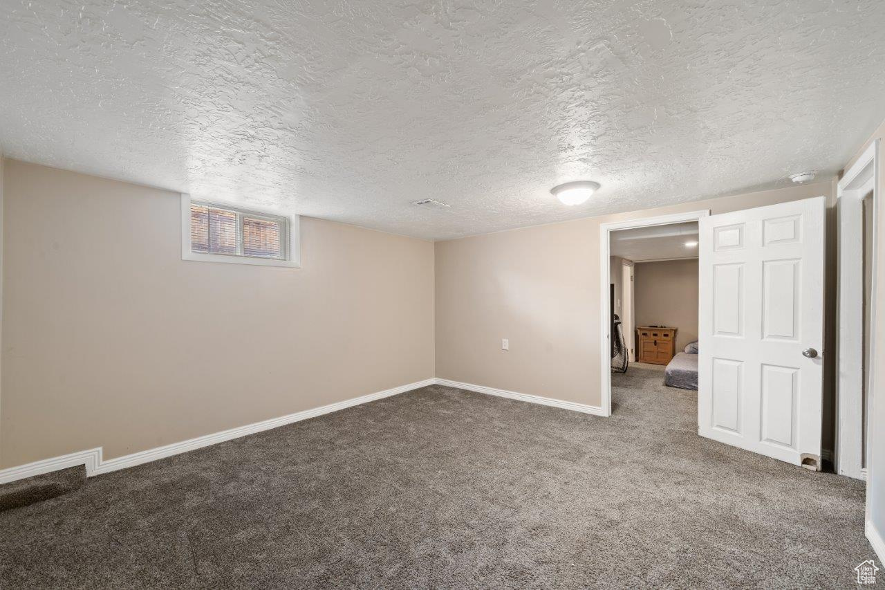 Basement featuring a textured ceiling and carpet floors