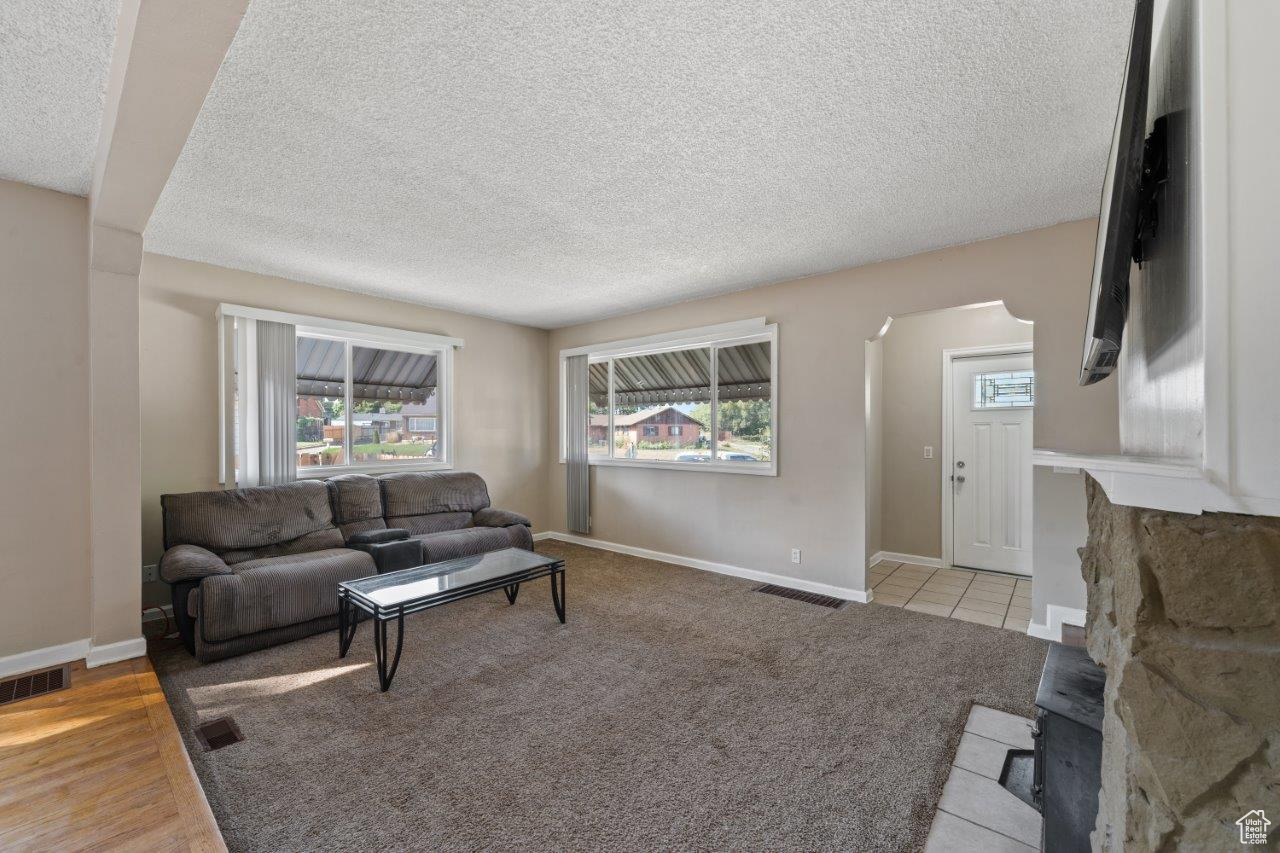 Living room featuring light hardwood / wood-style floors and a textured ceiling