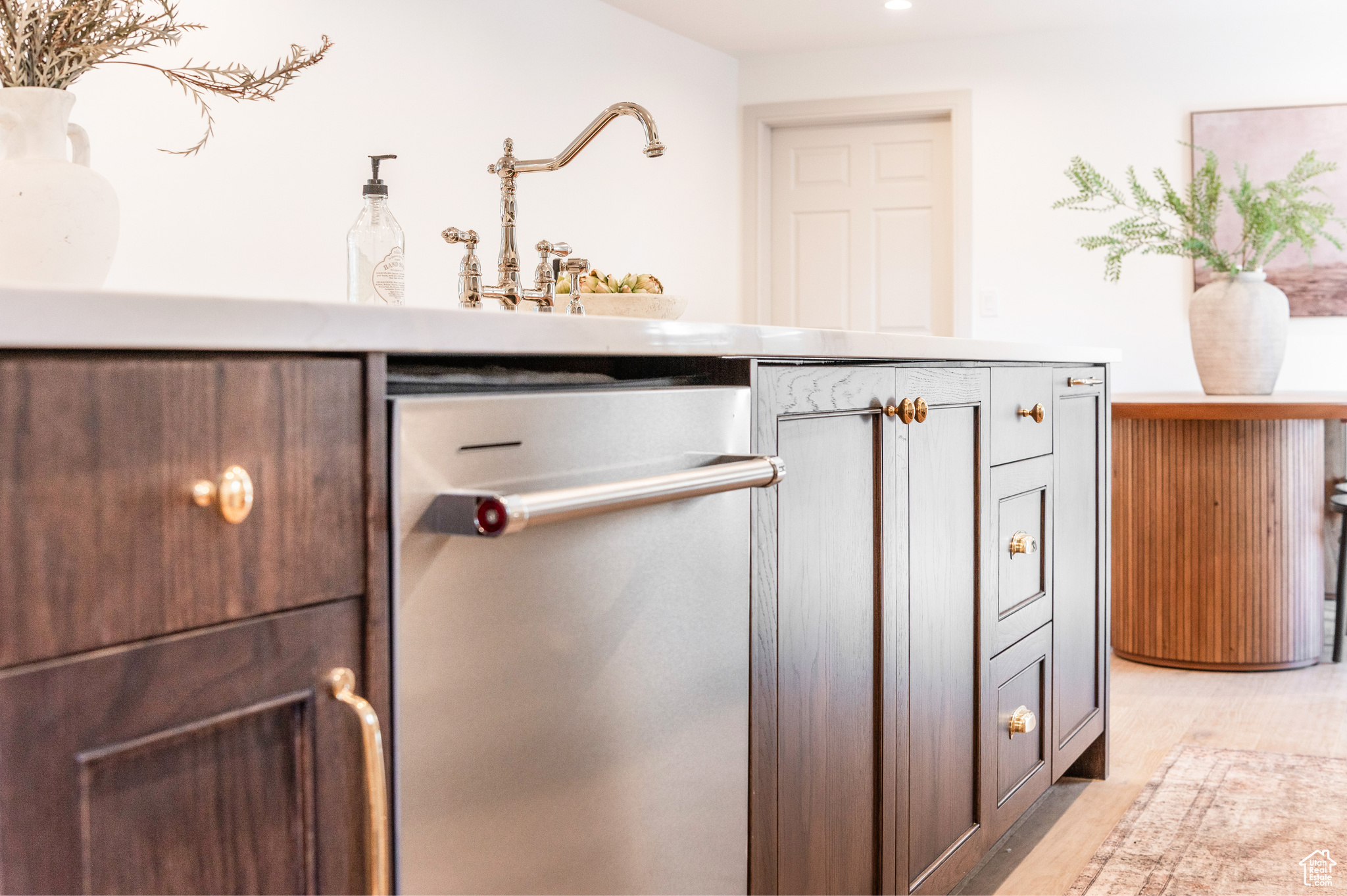 Room details featuring dark brown cabinets, light wood-type flooring, and stainless steel dishwasher