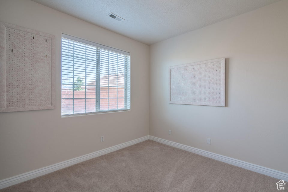 Spare room featuring carpet flooring and a textured ceiling