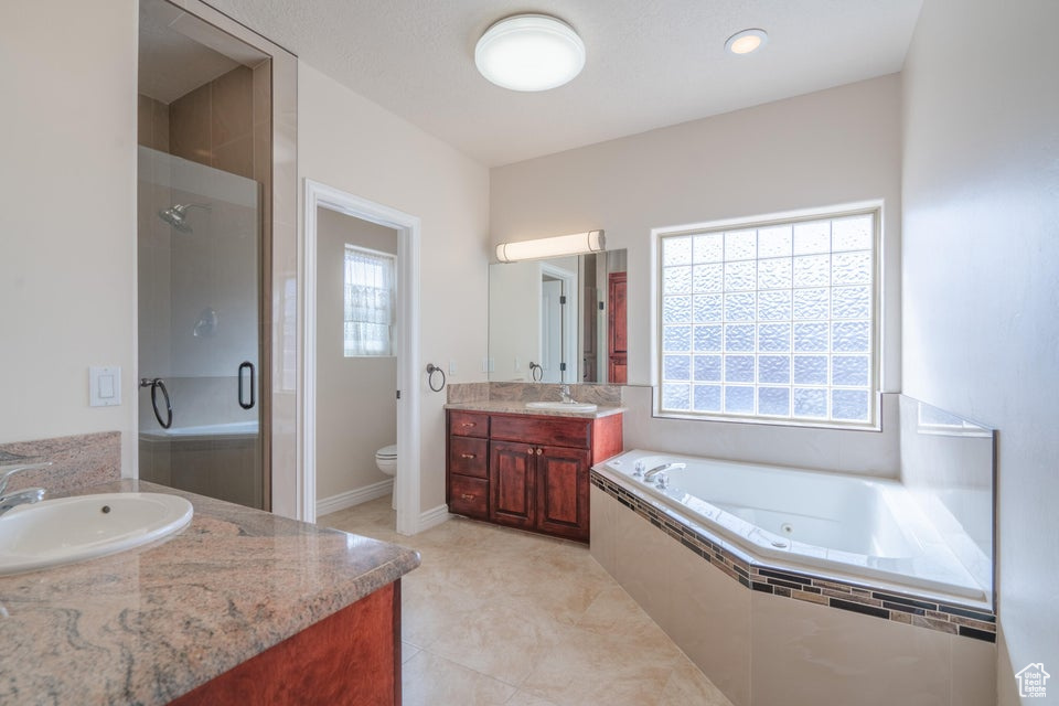 Full bathroom featuring vanity, toilet, a healthy amount of sunlight, and shower with separate bathtub