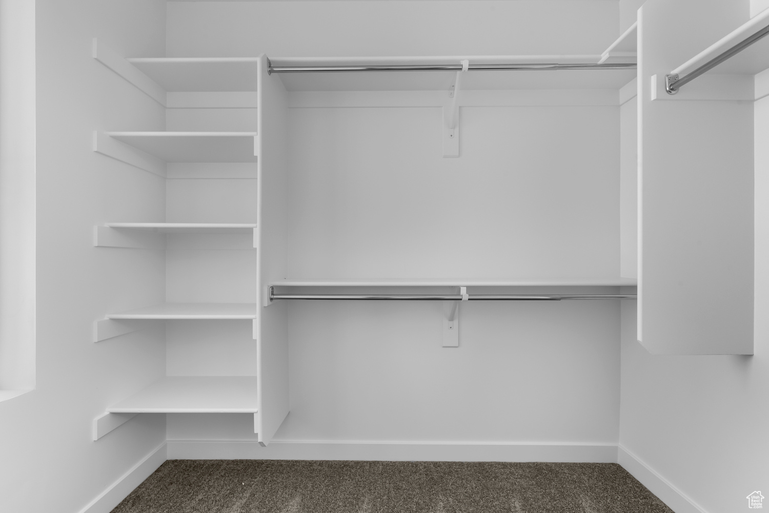 Spacious closet featuring dark carpet