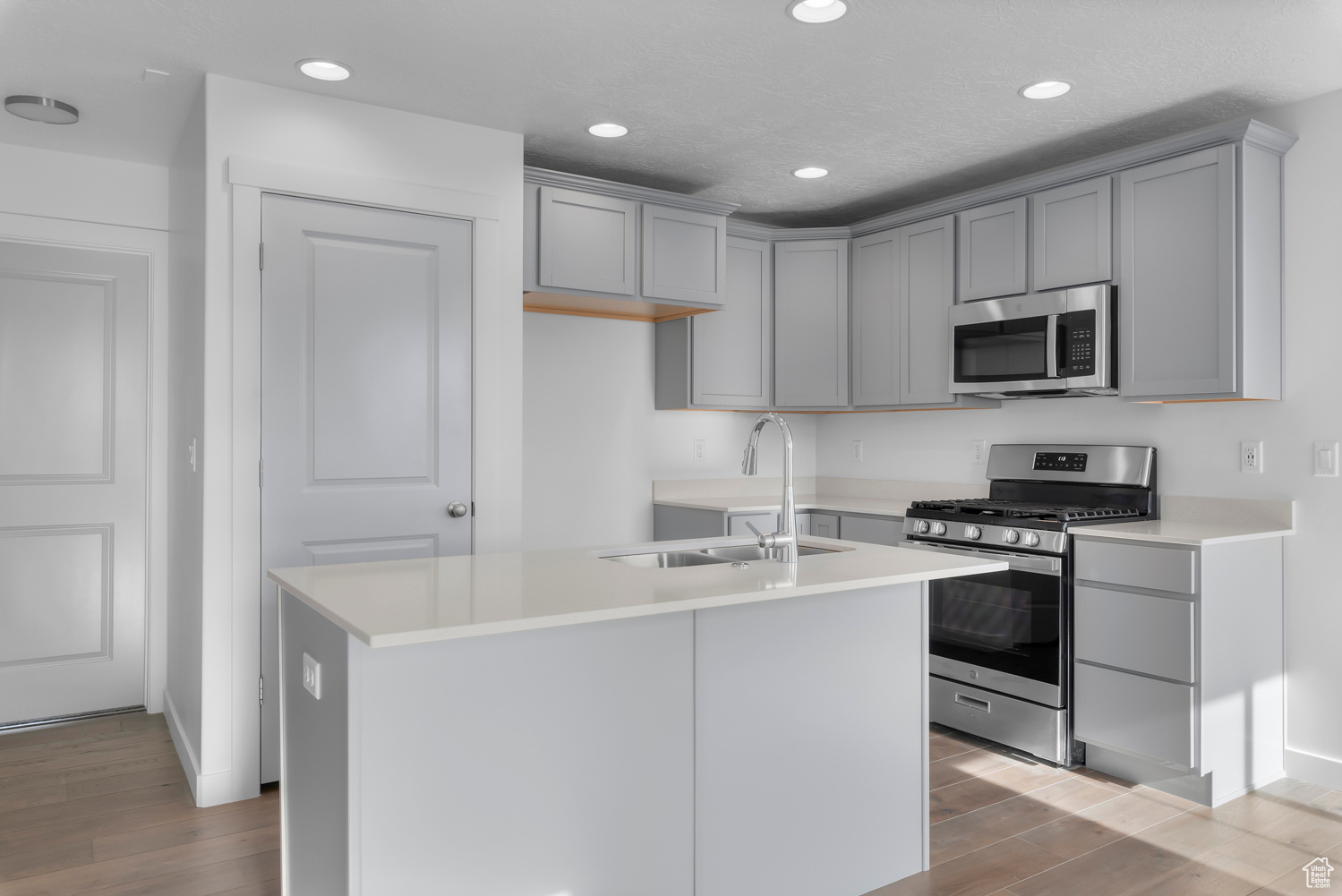 Kitchen with stainless steel appliances, a kitchen island with sink, gray cabinetry, and sink