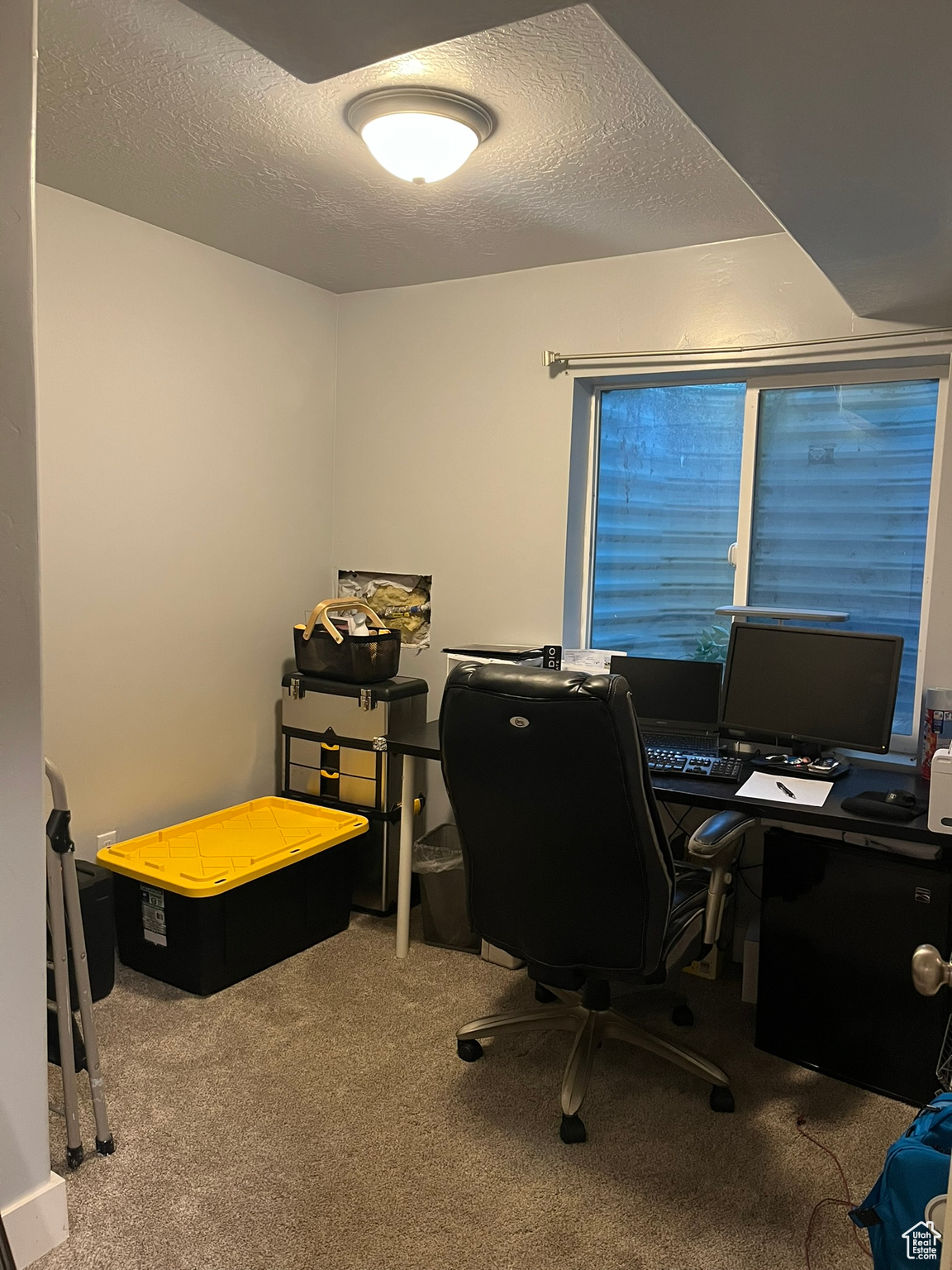 Office space with a textured ceiling and carpet