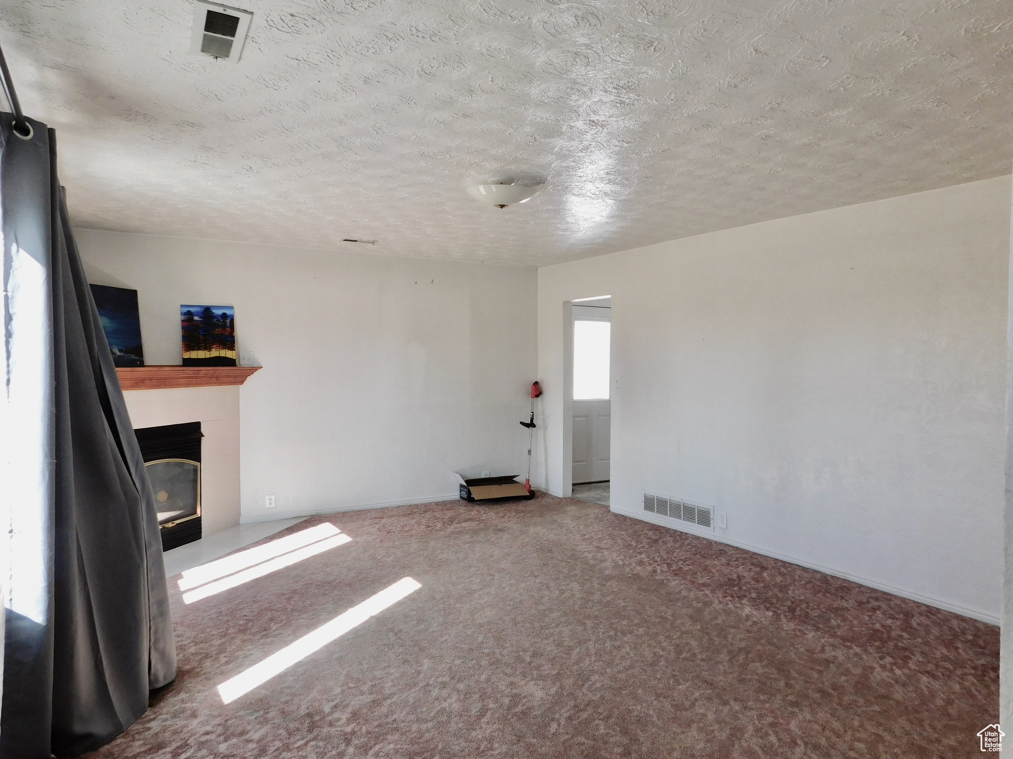 There are natural wood floors under the carpet in this room.