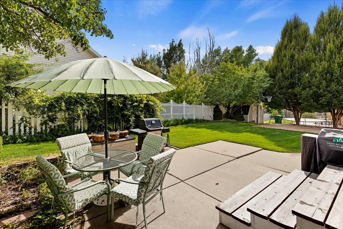 View of patio / terrace with area for grilling and a shed