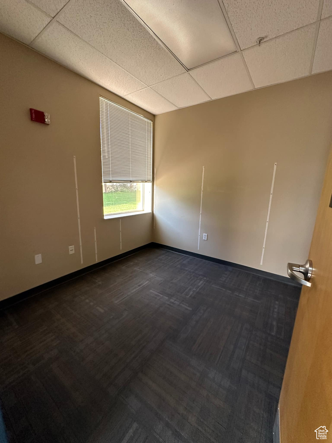 Carpeted empty room featuring a paneled ceiling