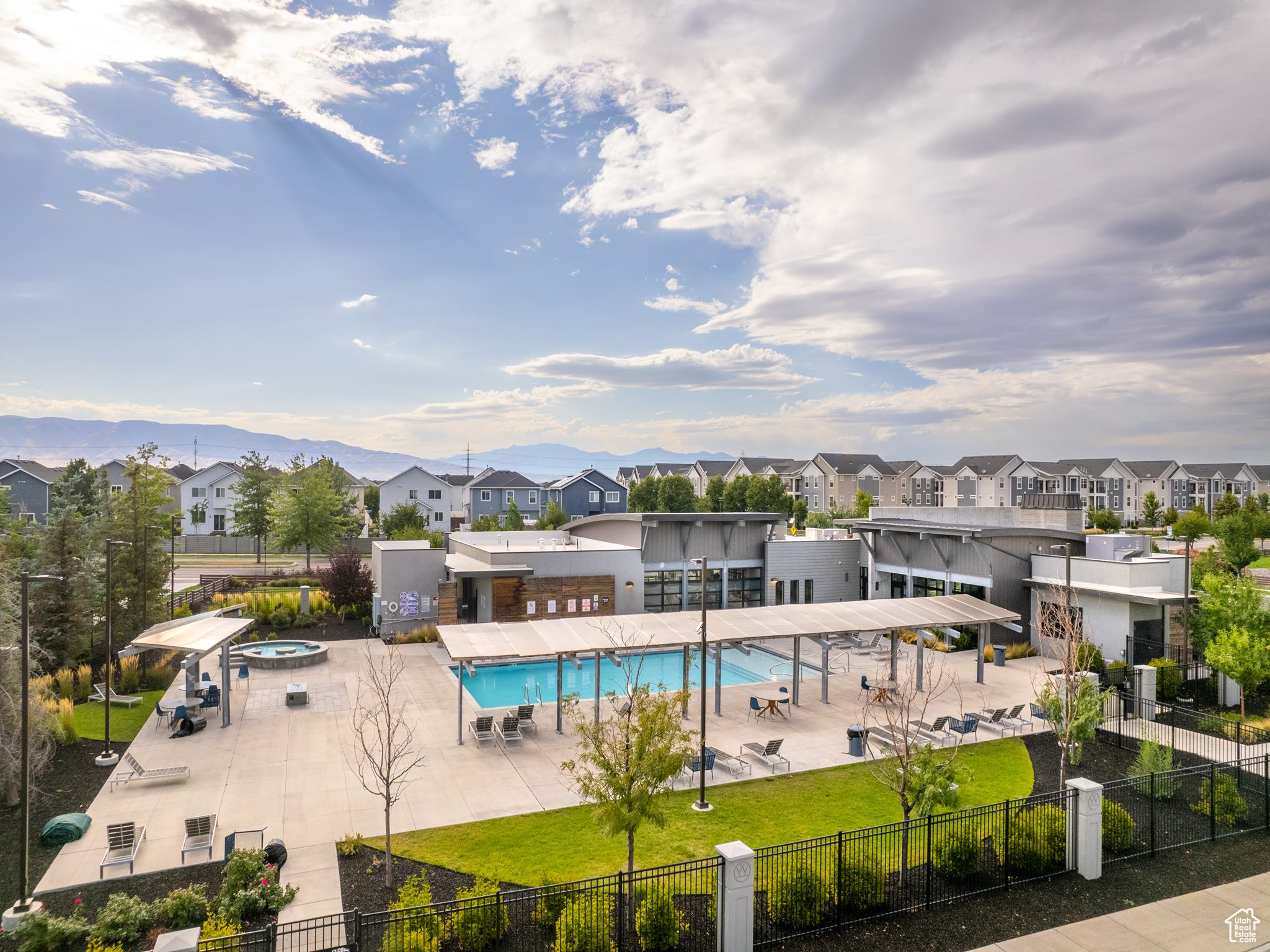 View of swimming pool featuring a mountain view and a patio