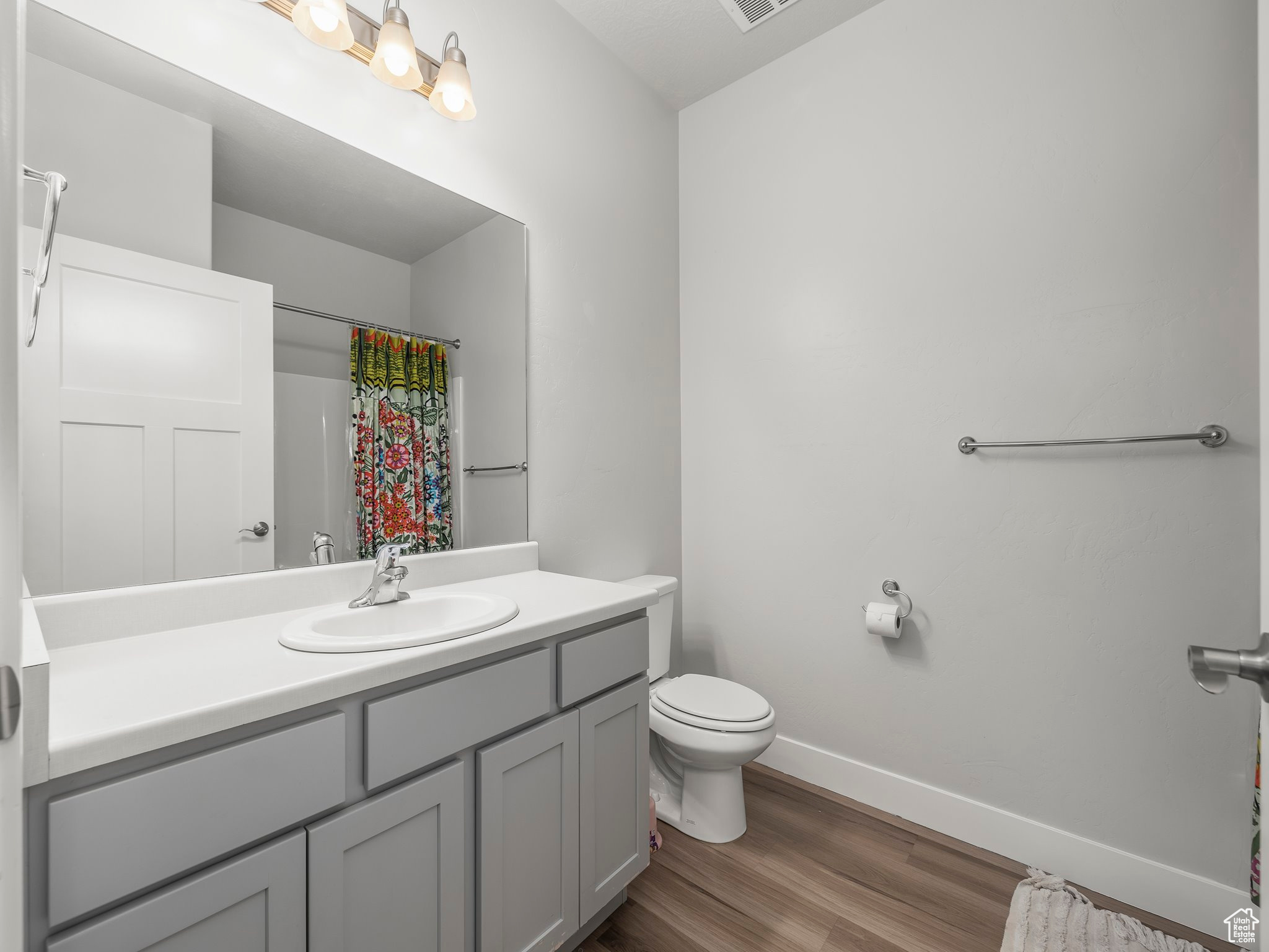 Bathroom with vanity, toilet, hardwood / wood-style floors, and curtained shower