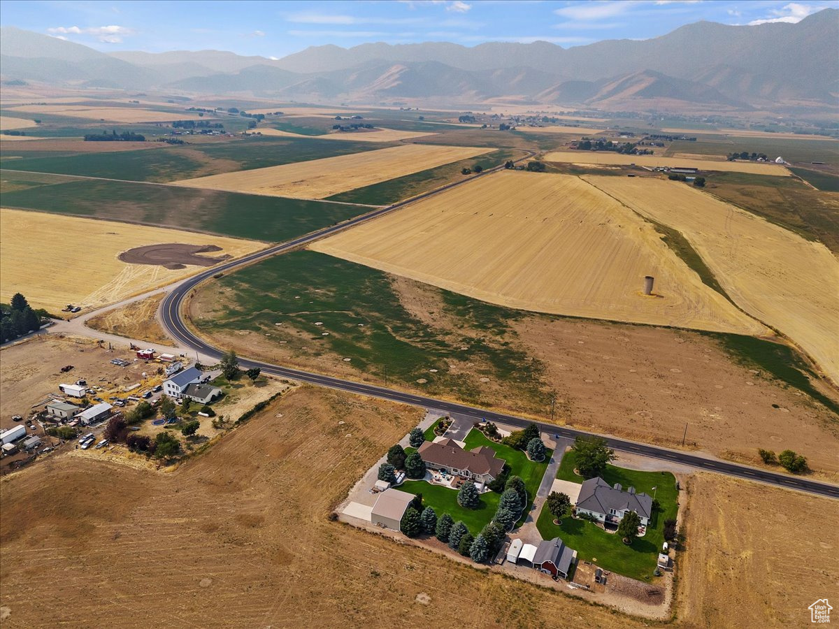 Aerial view featuring a mountain view and a rural view