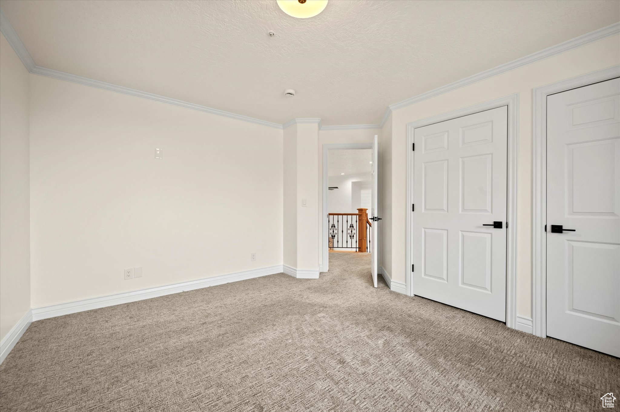 Unfurnished bedroom with crown molding and light carpet