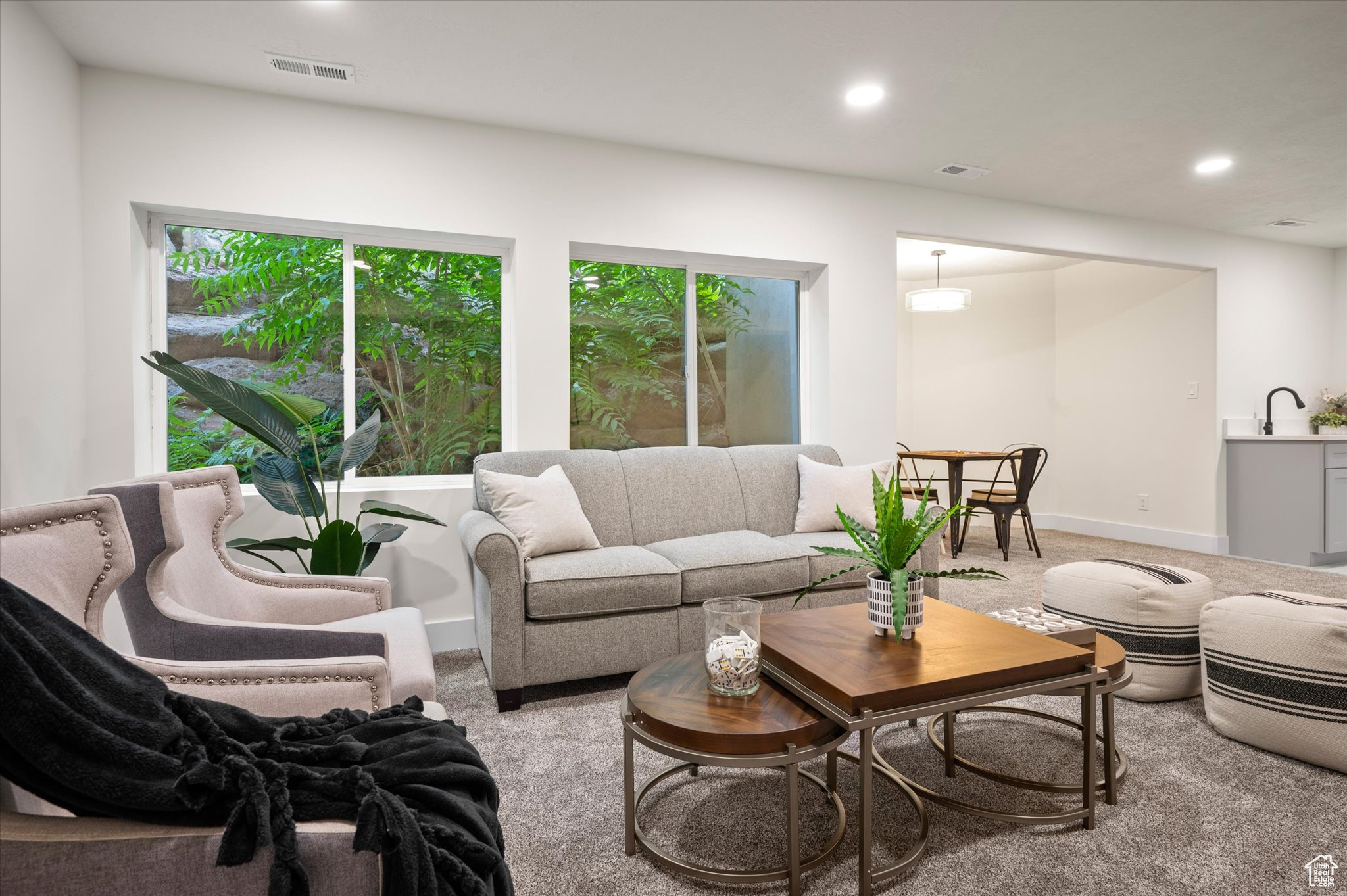 Living room with sink, carpet, and a healthy amount of sunlight