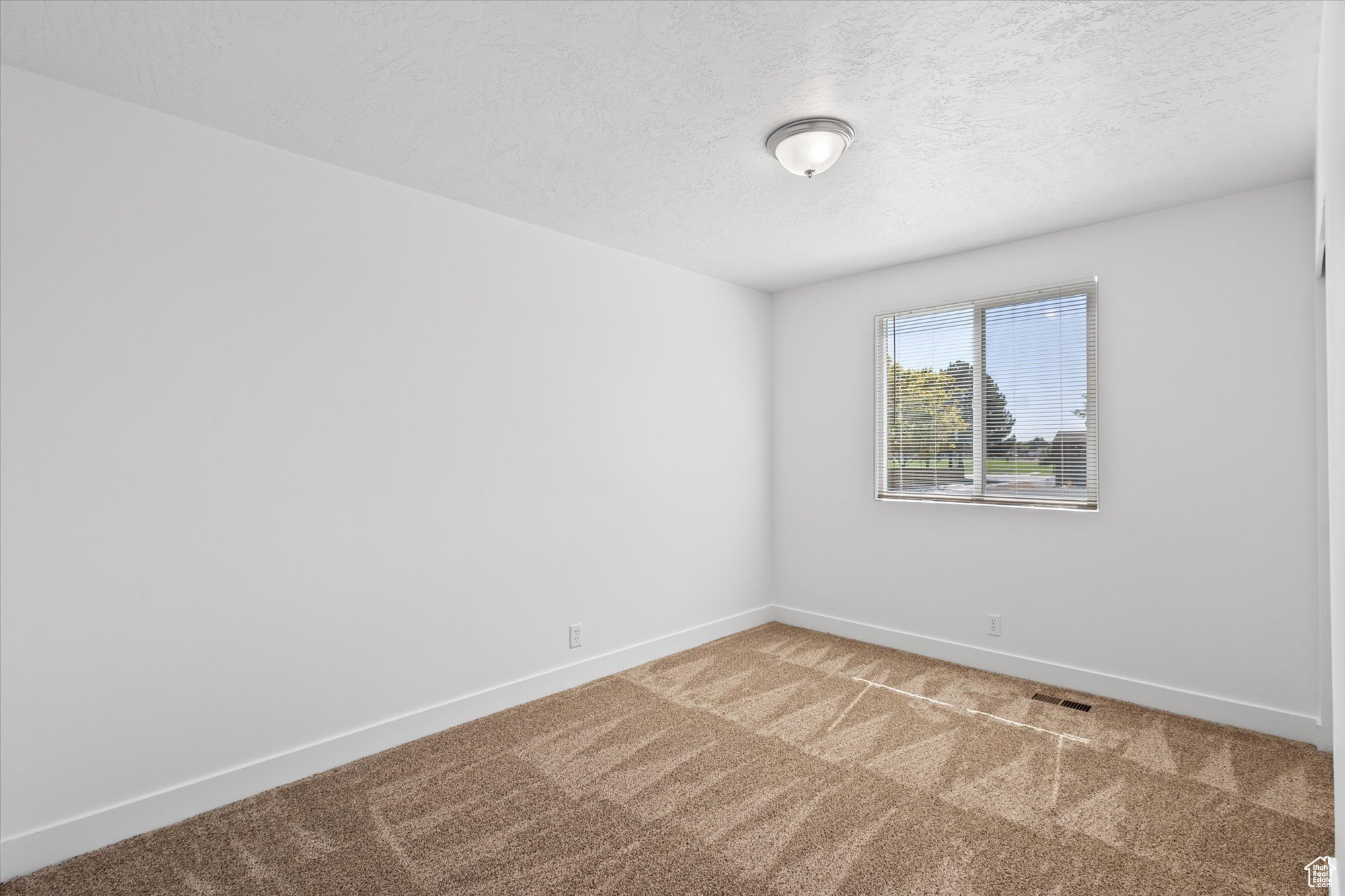 Carpeted spare room with a textured ceiling