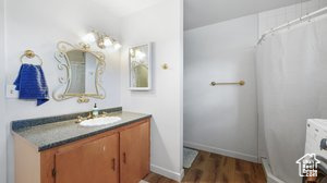 Bathroom with a shower with shower curtain, vanity, hardwood / wood-style flooring, and washer / clothes dryer