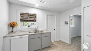 Kitchen featuring light wood-type flooring, white dishwasher, and sink