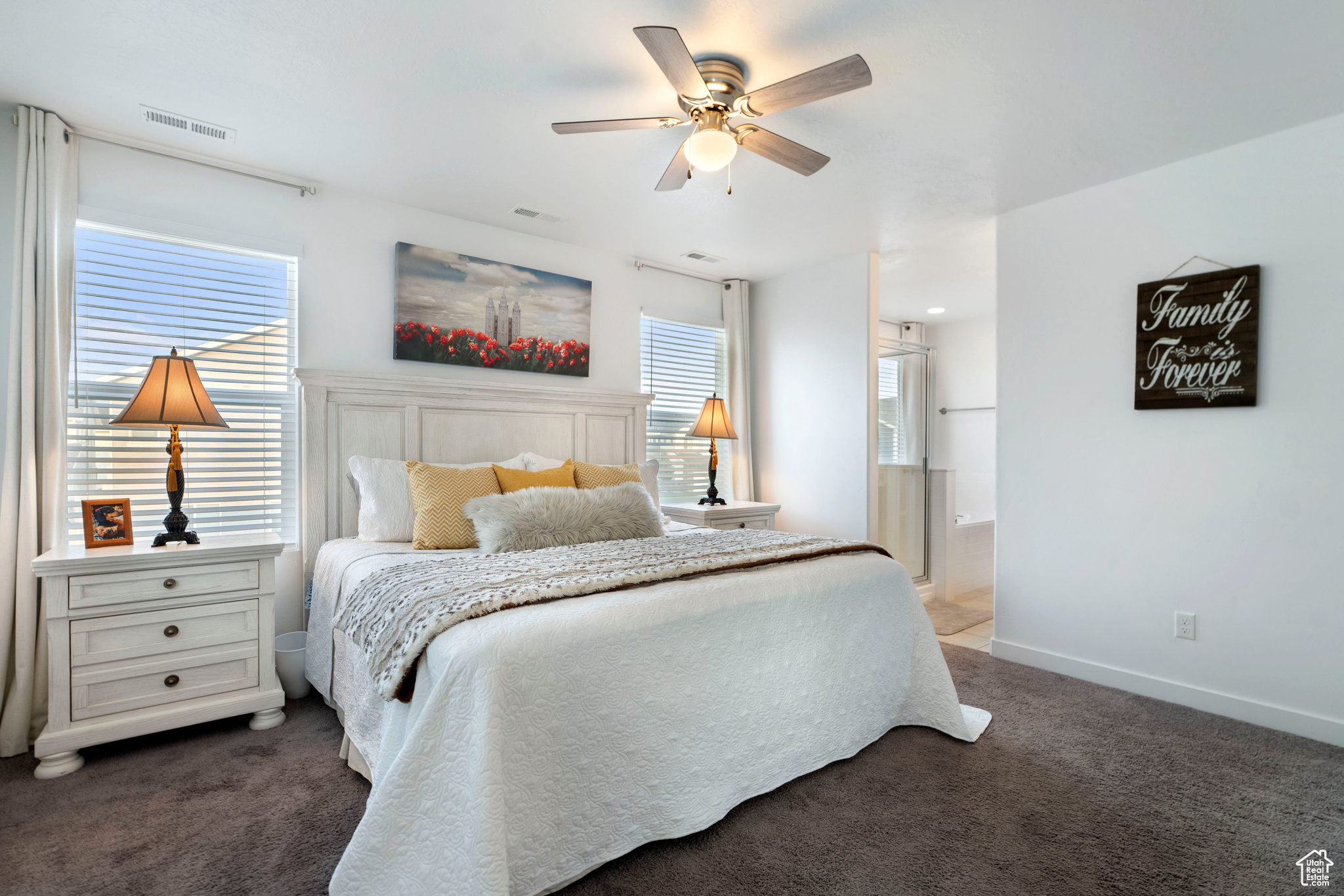 Master Bedroom, Carpeted bedroom with ceiling fan and ensuite bathroom