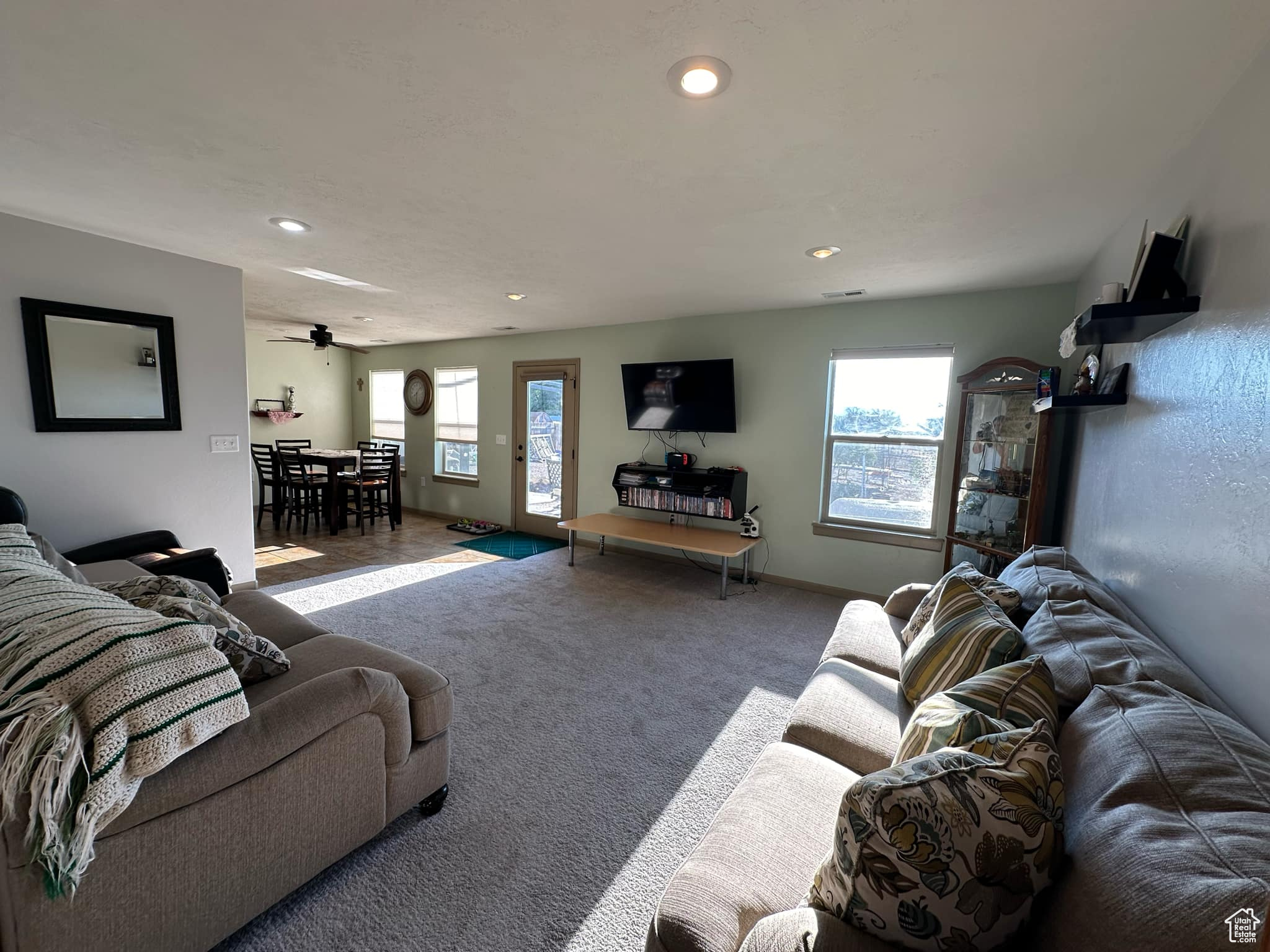 Carpeted living room featuring a healthy amount of sunlight and ceiling fan