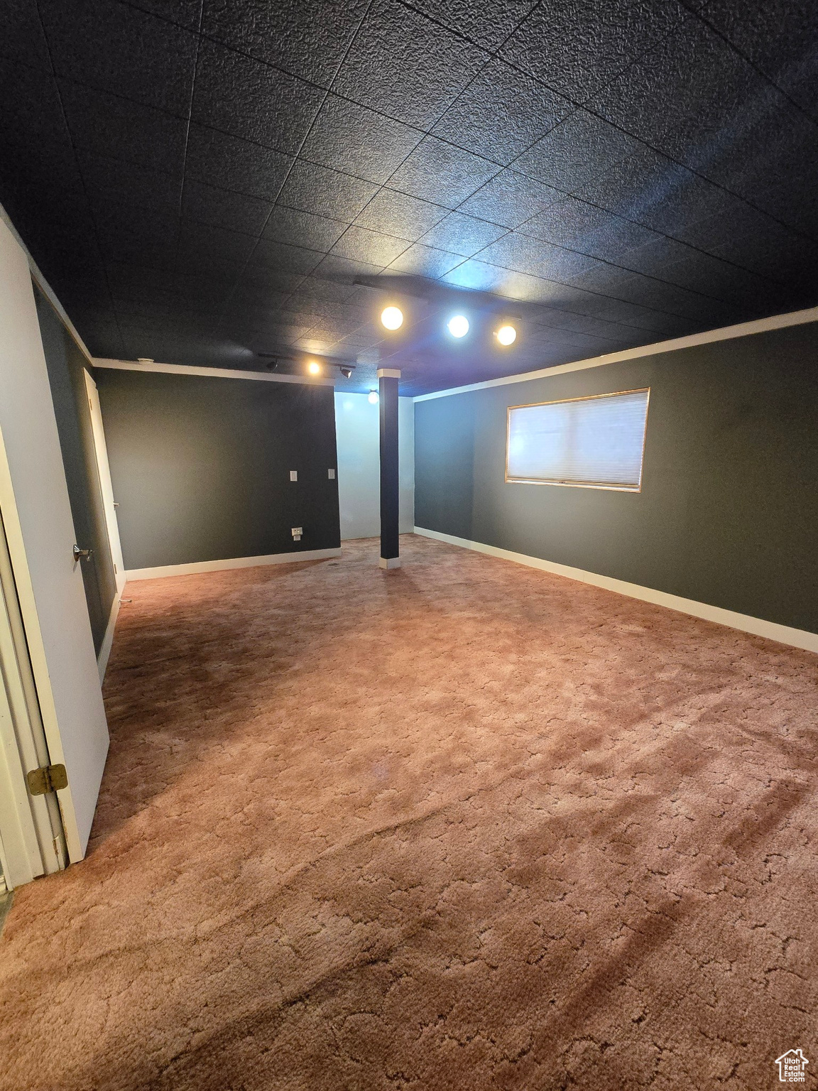 Basement featuring carpet and crown molding