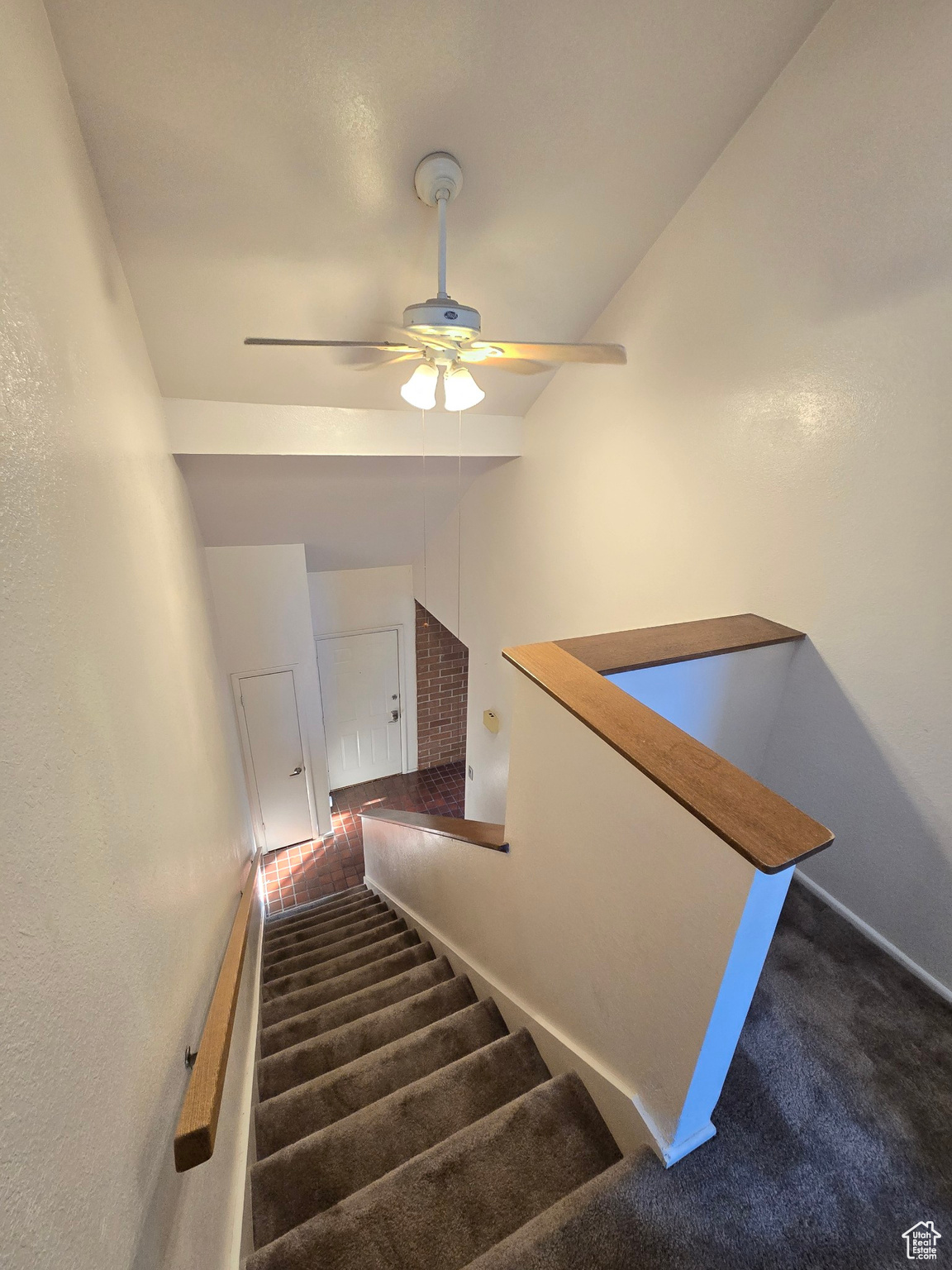 Stairway featuring carpet flooring and ceiling fan