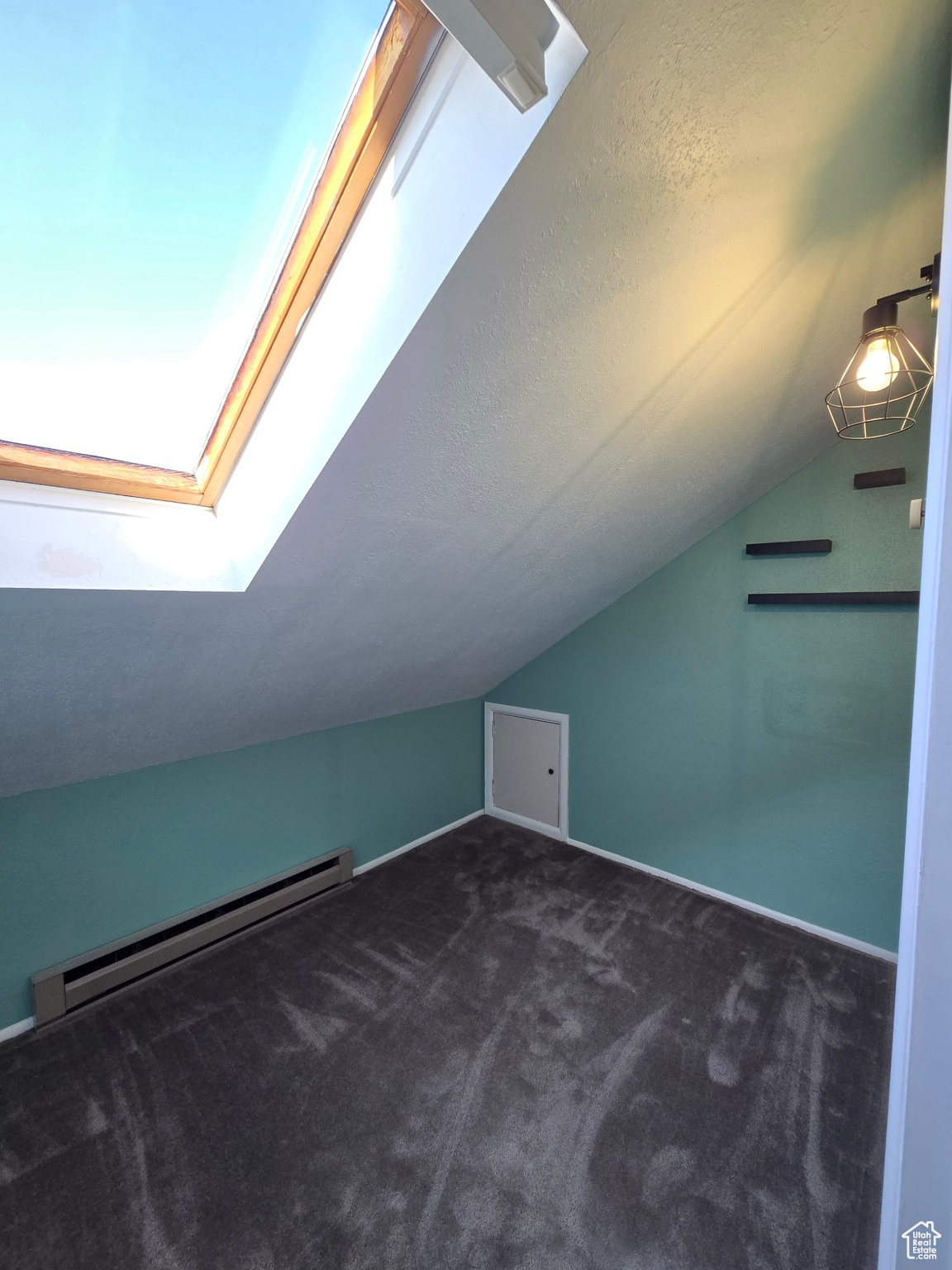 Additional living space featuring dark colored carpet, a textured ceiling, baseboard heating, and vaulted ceiling with skylight