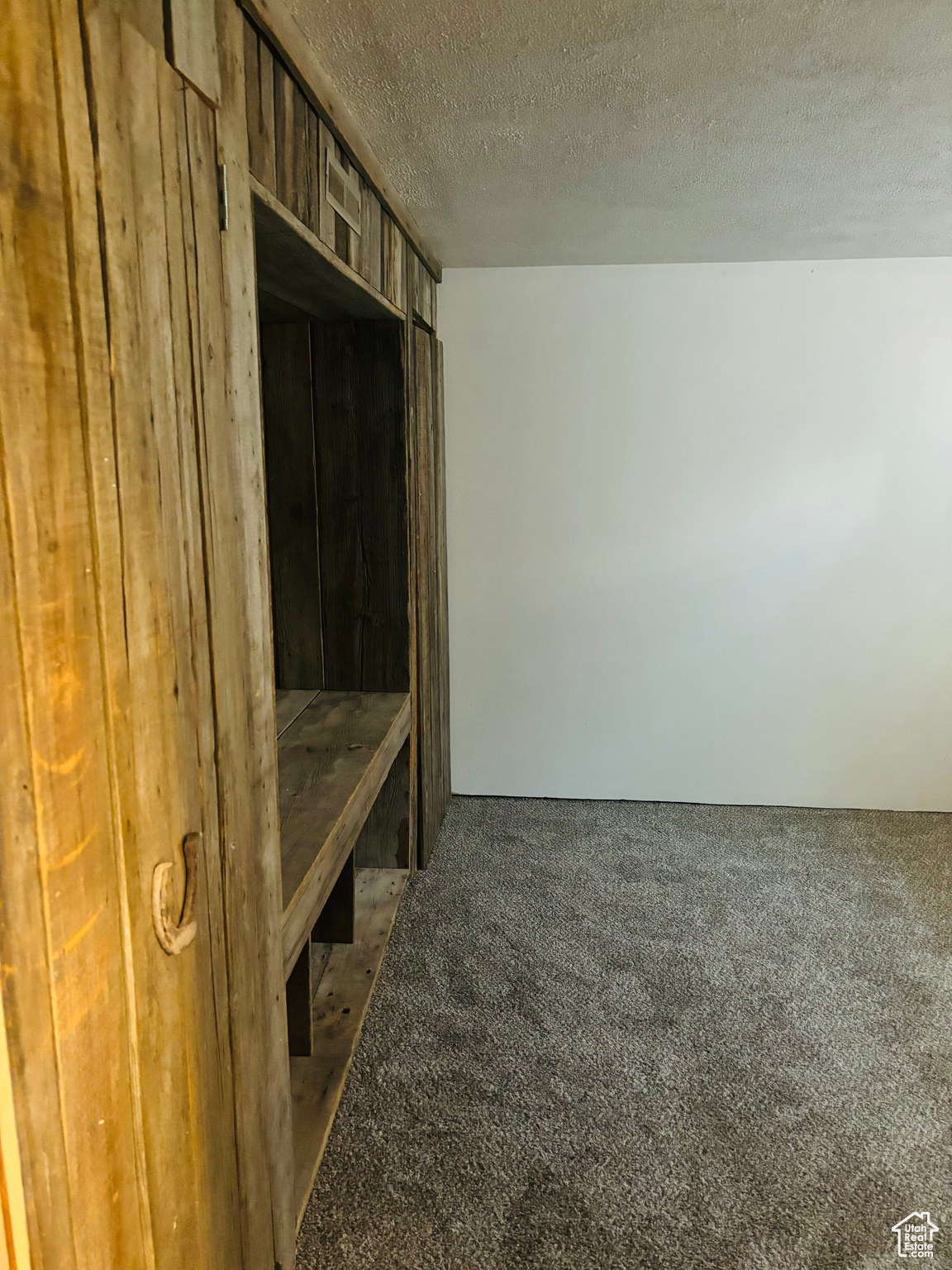 Empty room featuring carpet and a textured ceiling