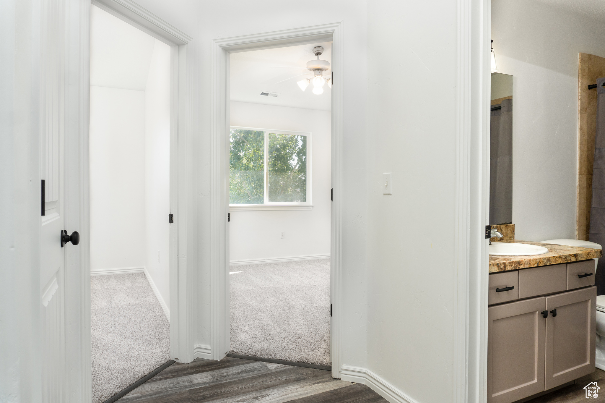 Hall featuring wood-type flooring and sink