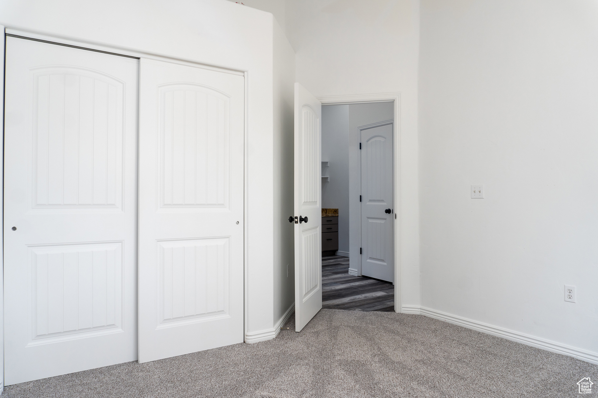 Unfurnished bedroom featuring carpet flooring and a closet