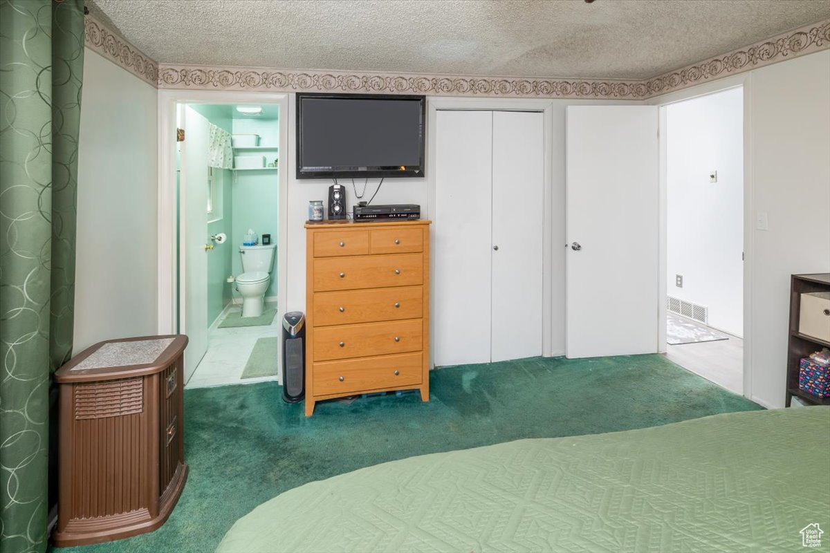 Carpeted bedroom with a textured ceiling, connected bathroom, and a closet