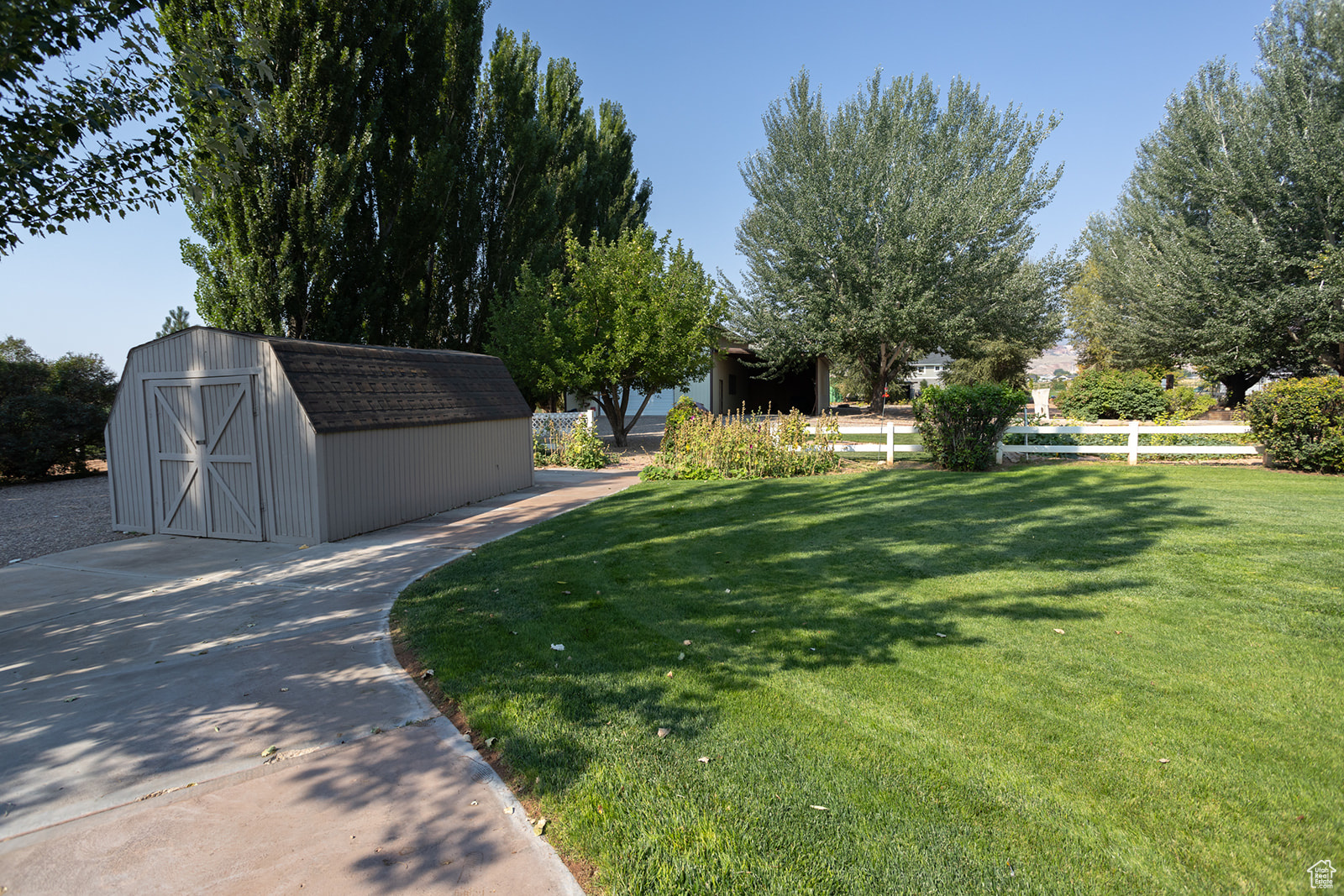 View of yard featuring a shed