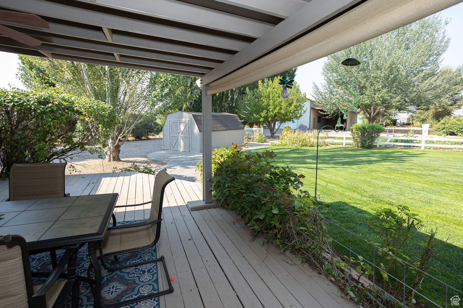 Wooden terrace with a lawn and a shed