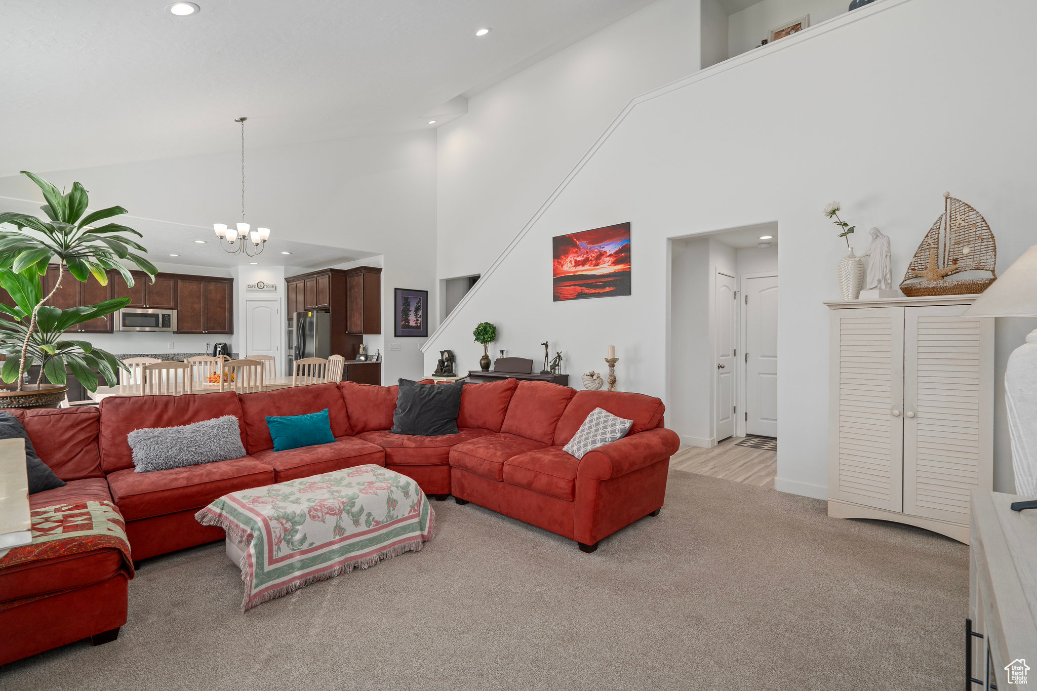 Family room has a vaulted ceiling