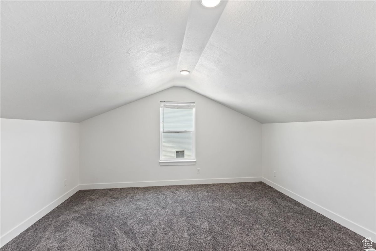 Bonus room with a textured ceiling, carpet flooring, and vaulted ceiling