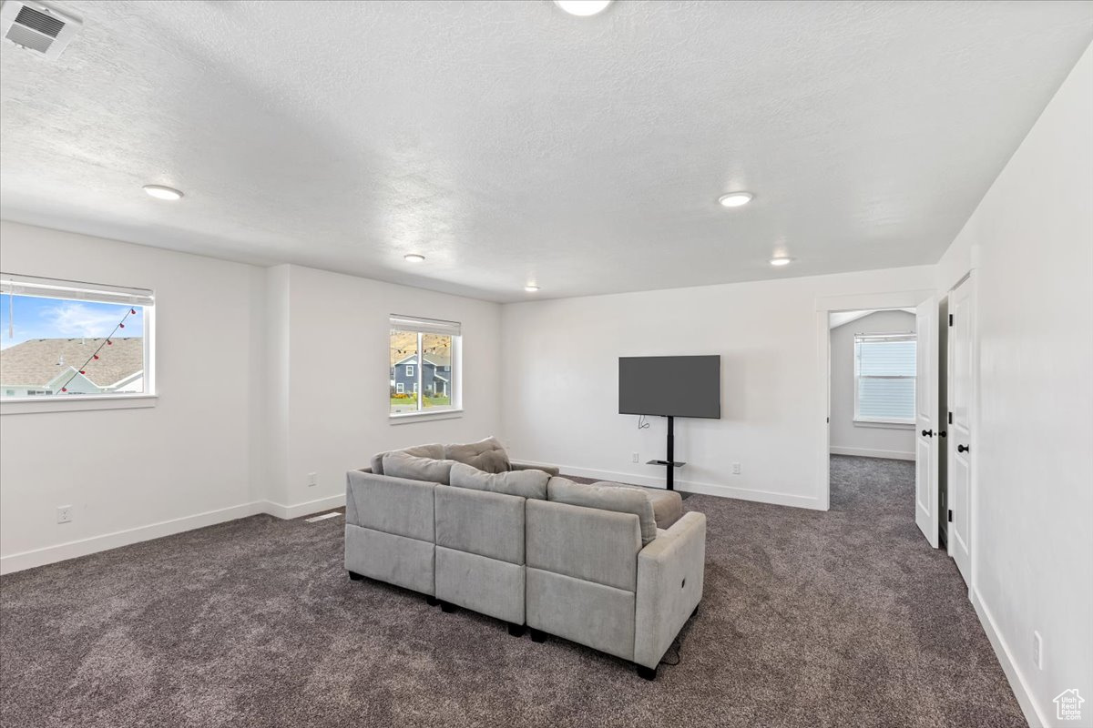 Family room featuring a textured ceiling and dark colored carpet