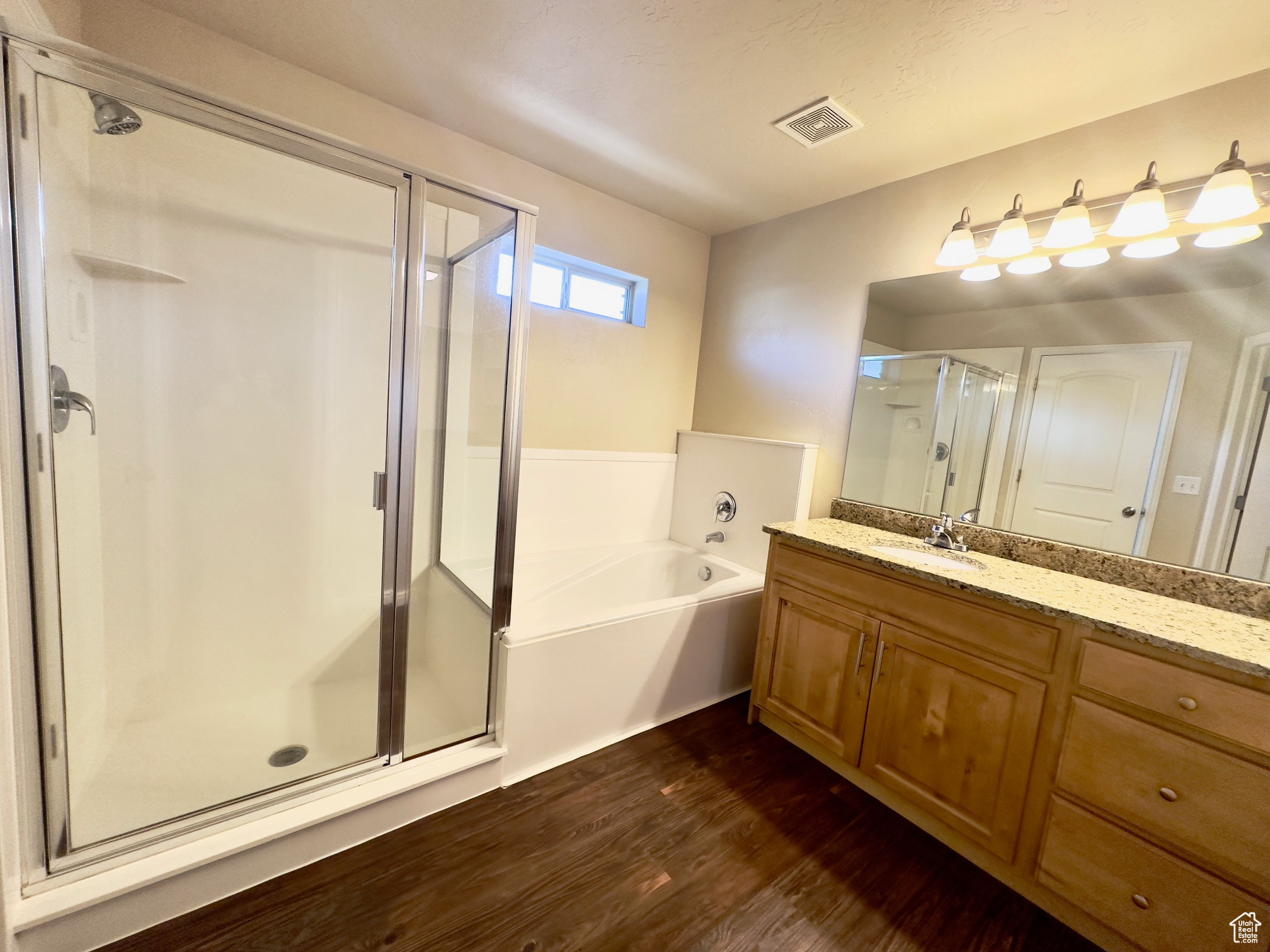 Master bathroom with separate shower, garden tub, vanity & wood flooring