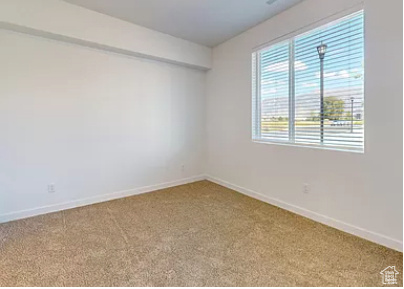 Empty room with light colored carpet and a wealth of natural light