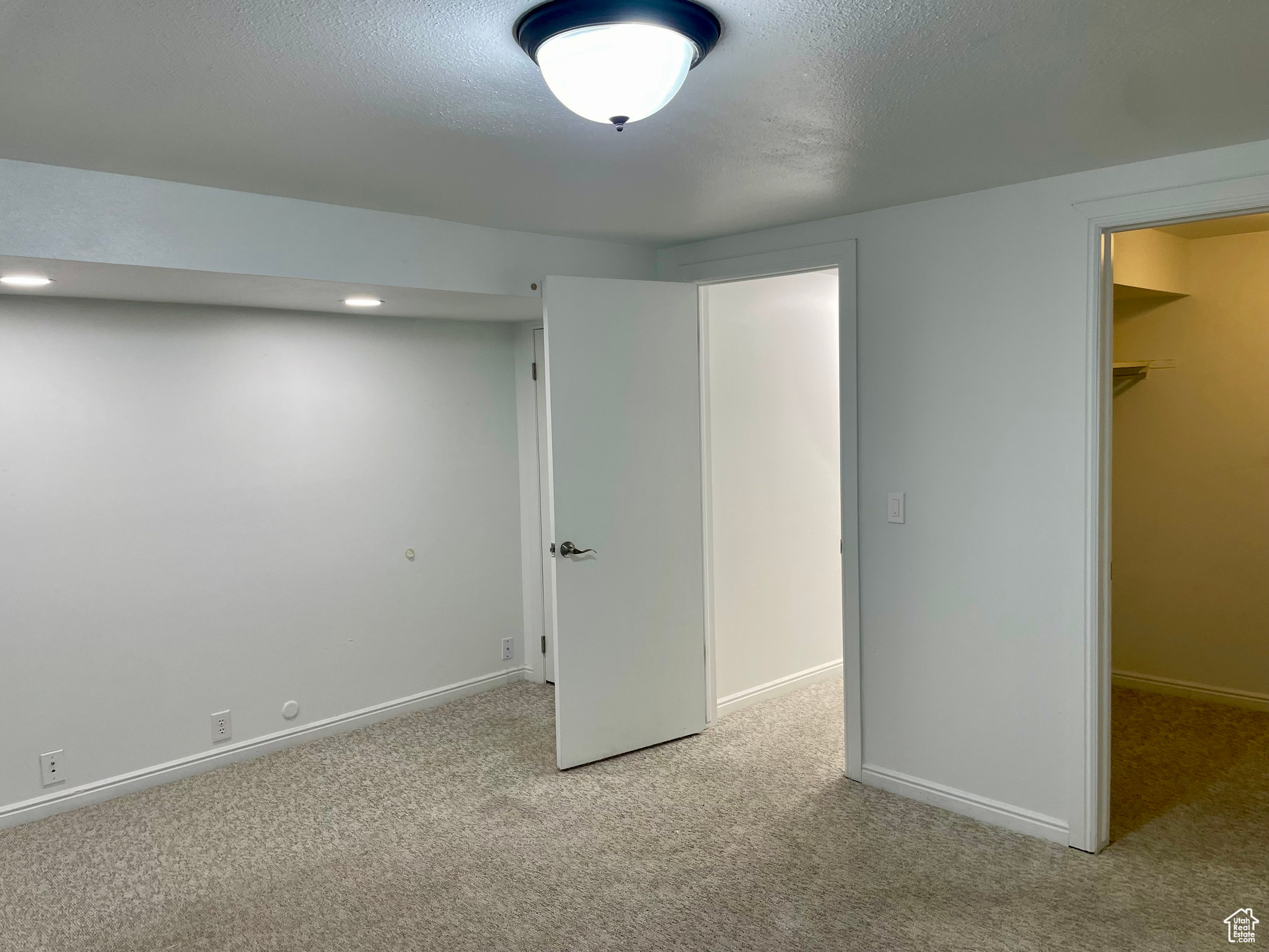 Basement with light colored carpet